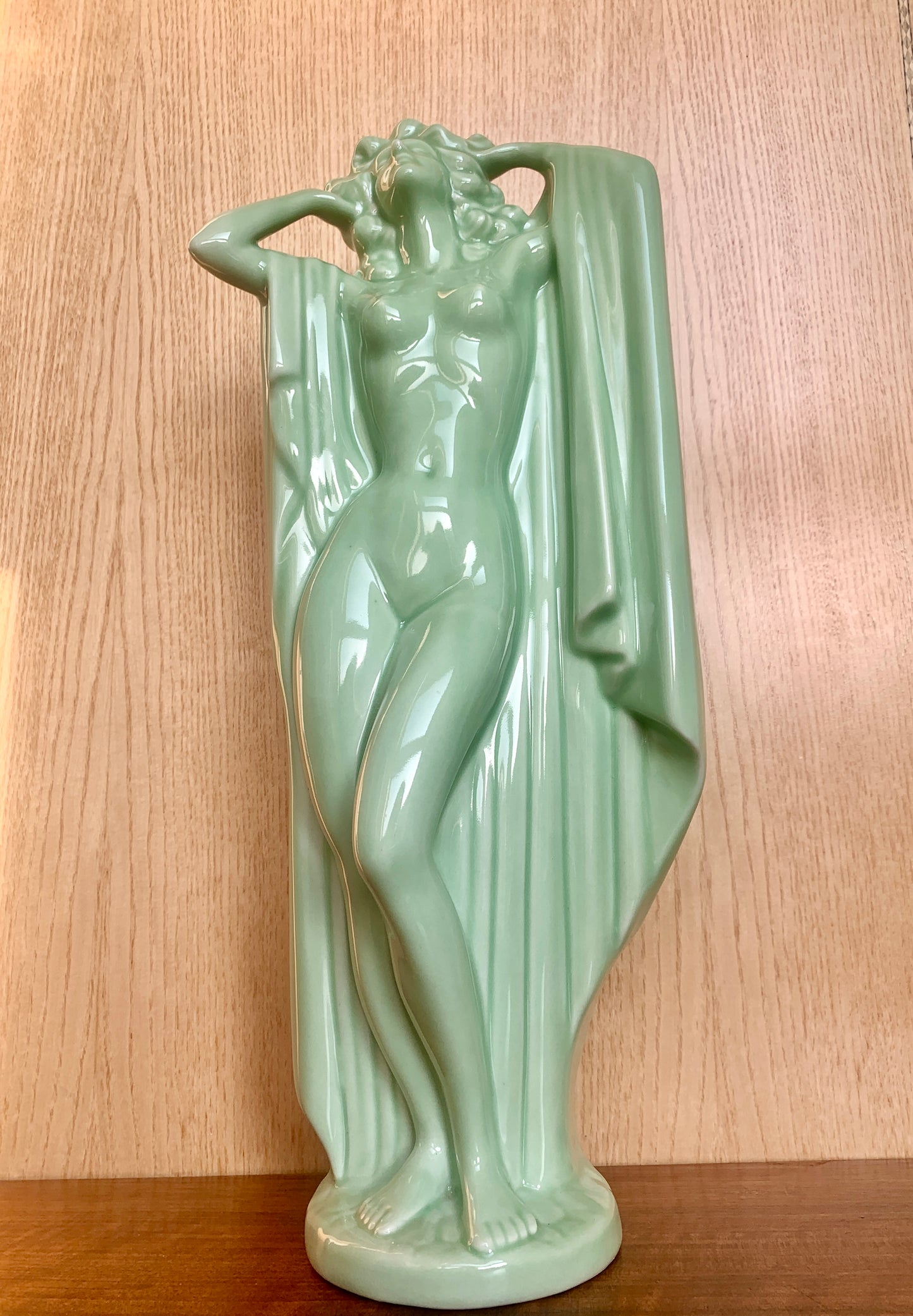 Striking Vintage Art Deco Nude Woman Ceramic Sculpture Figure (50cm) - Pale Celadon Green