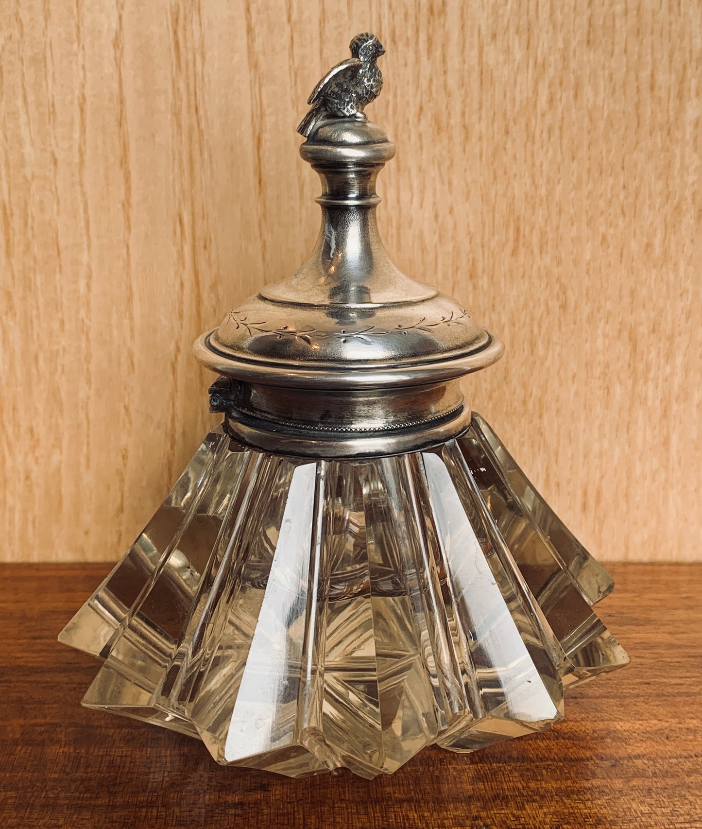 Antique Art Deco Crystal Inkwell with Ornate Silver-Plated Top and Eagle Finial