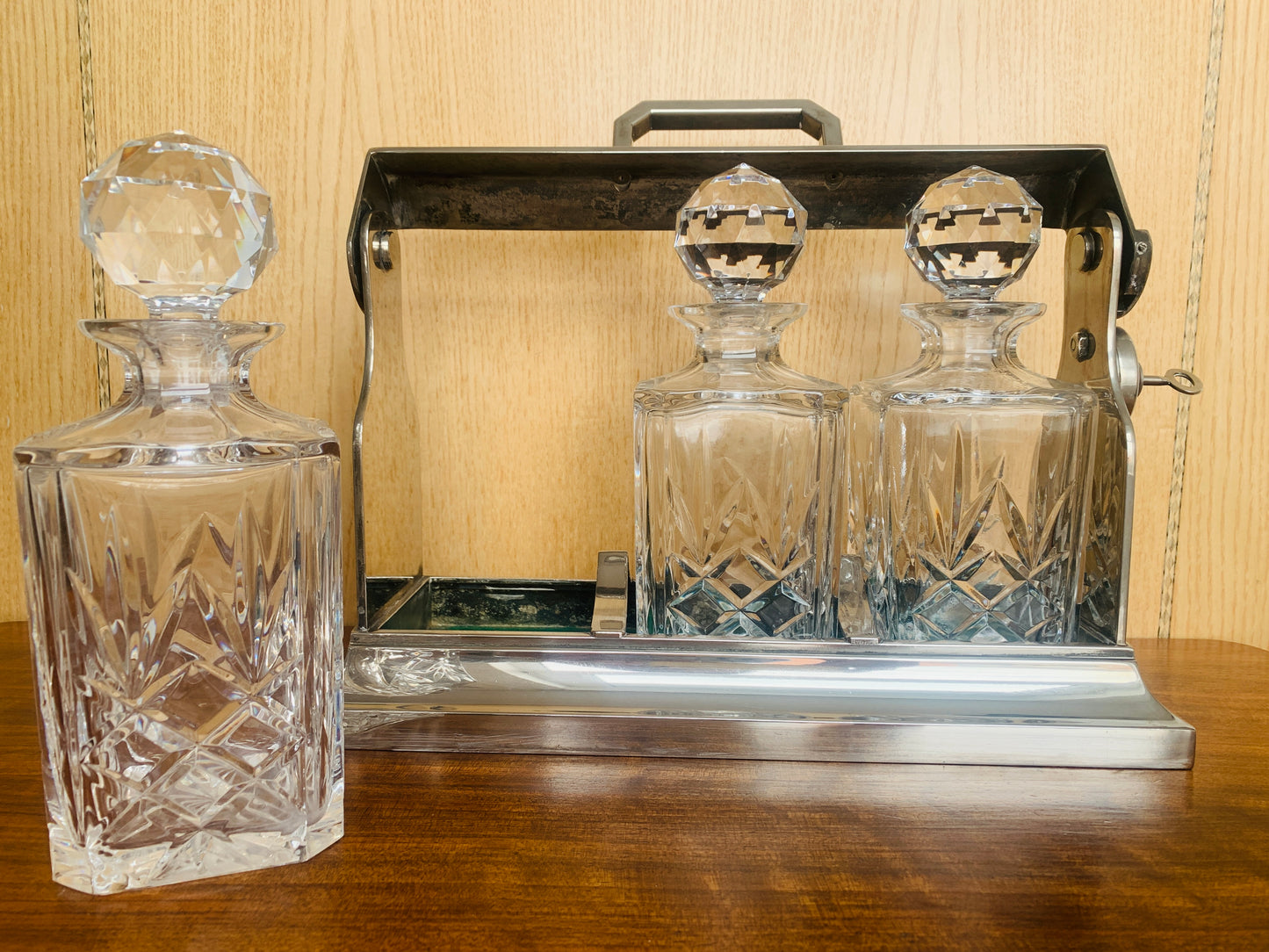 Art Deco Triple Tantalus Decanter Set – Silver Plate & Brilliant Cut Crystal (c. 1920s)