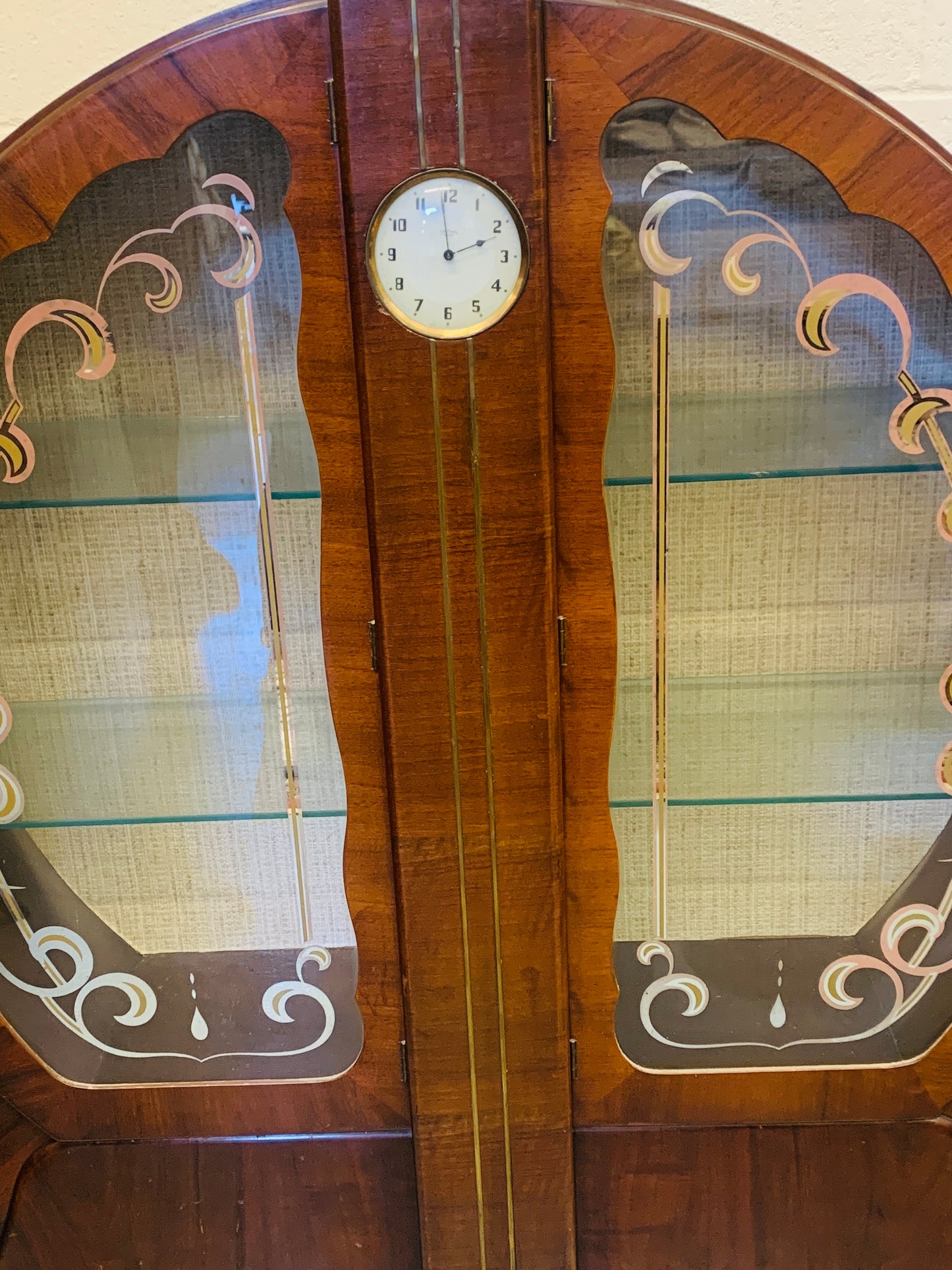 1930s Art Deco Cocktail Cabinet Curved Walnut Bar With Etched Glass & Integrated Smiths Clock