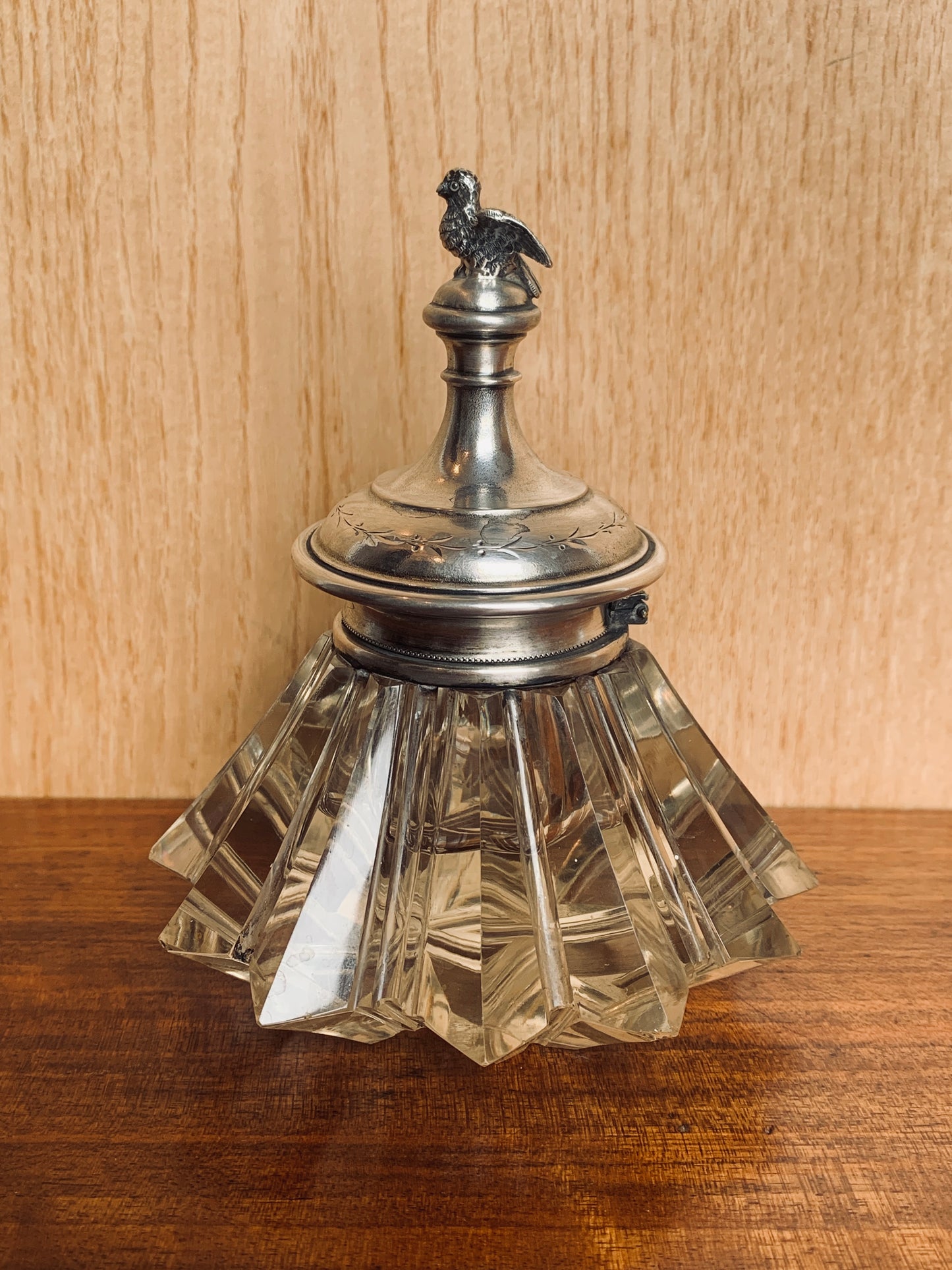 Antique Art Deco Crystal Inkwell with Ornate Silver-Plated Top and Eagle Finial