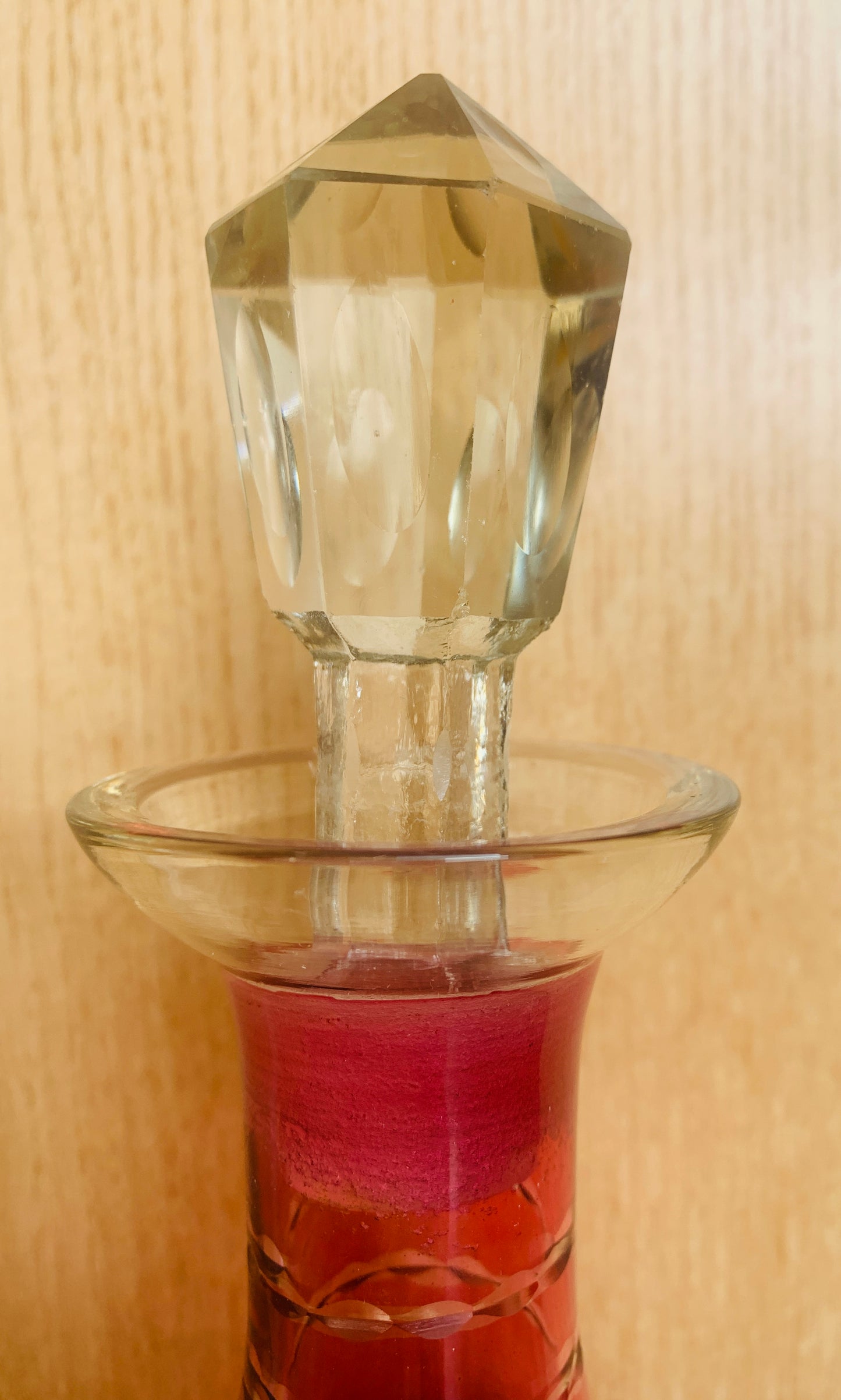 Vintage Cranberry Glass Decanter - Heavy Cut Crystal Diamond Design