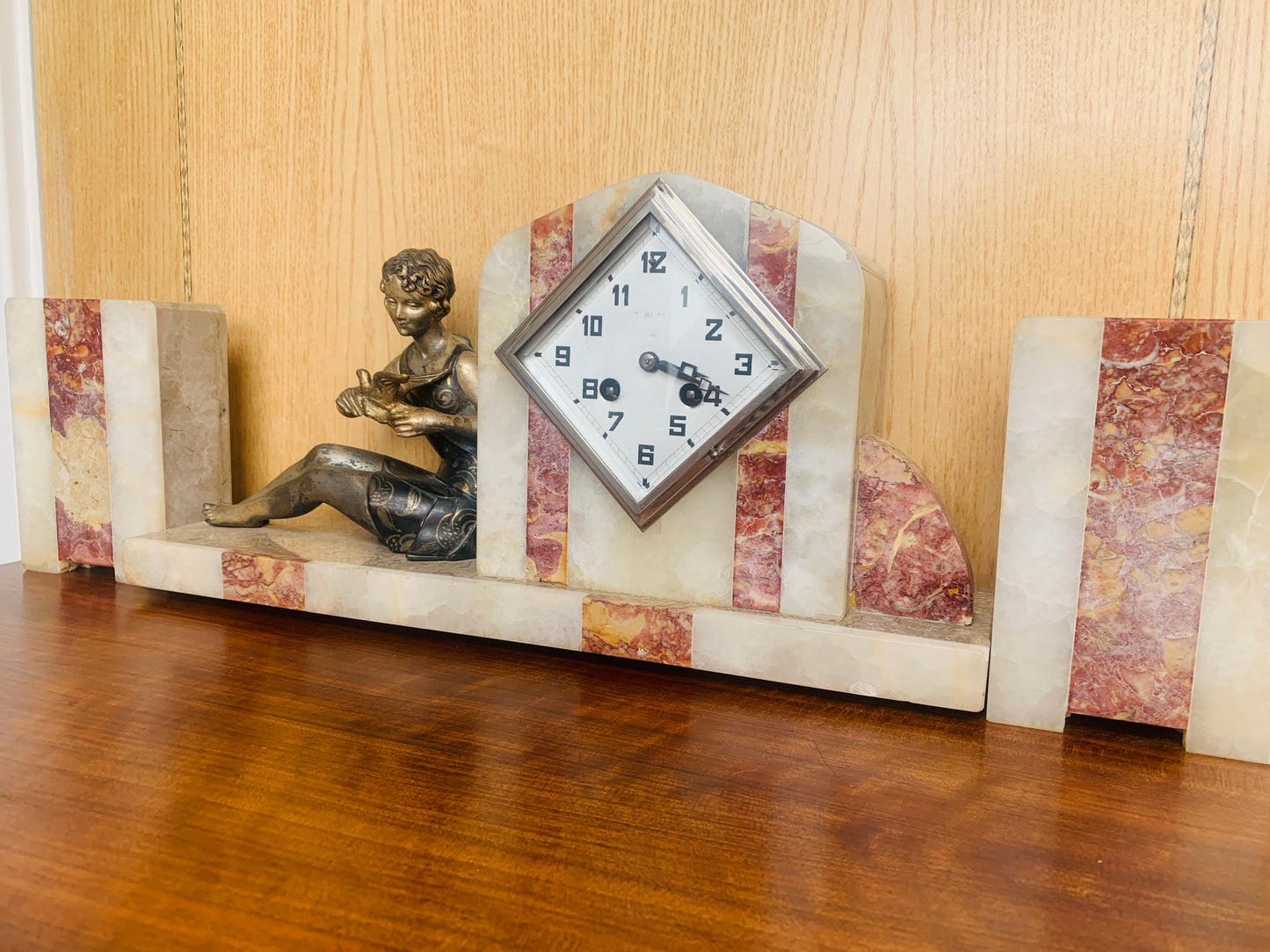 Art Deco Clock Garniture – Figural Spelter on Onyx Base (c. 1920s–1930s) – Working Clock & Key!