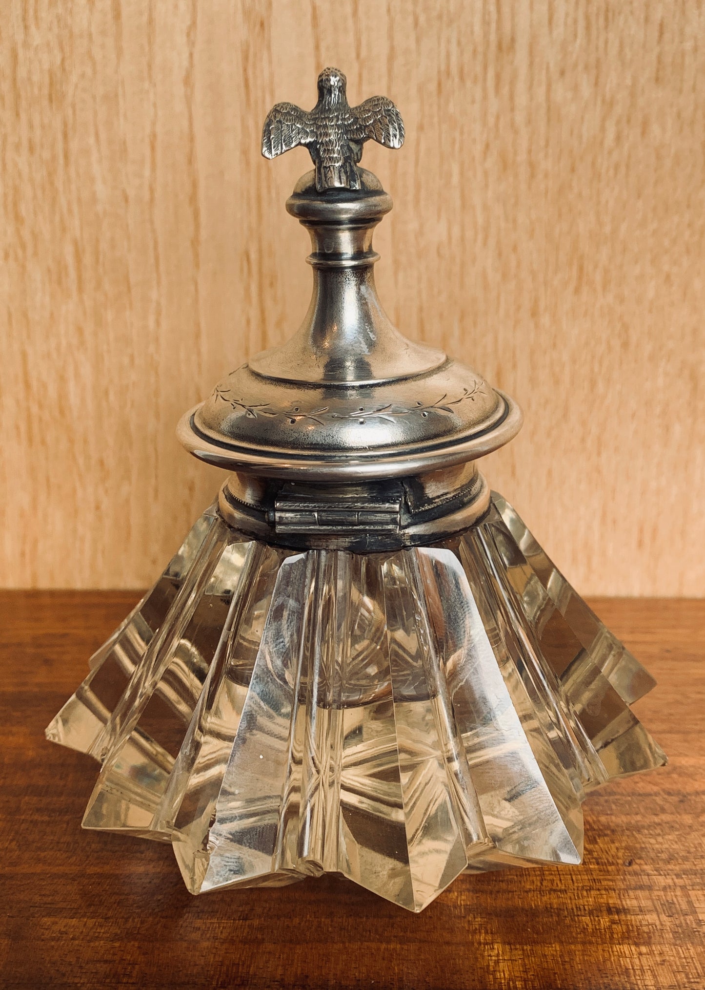 Antique Art Deco Crystal Inkwell with Ornate Silver-Plated Top and Eagle Finial