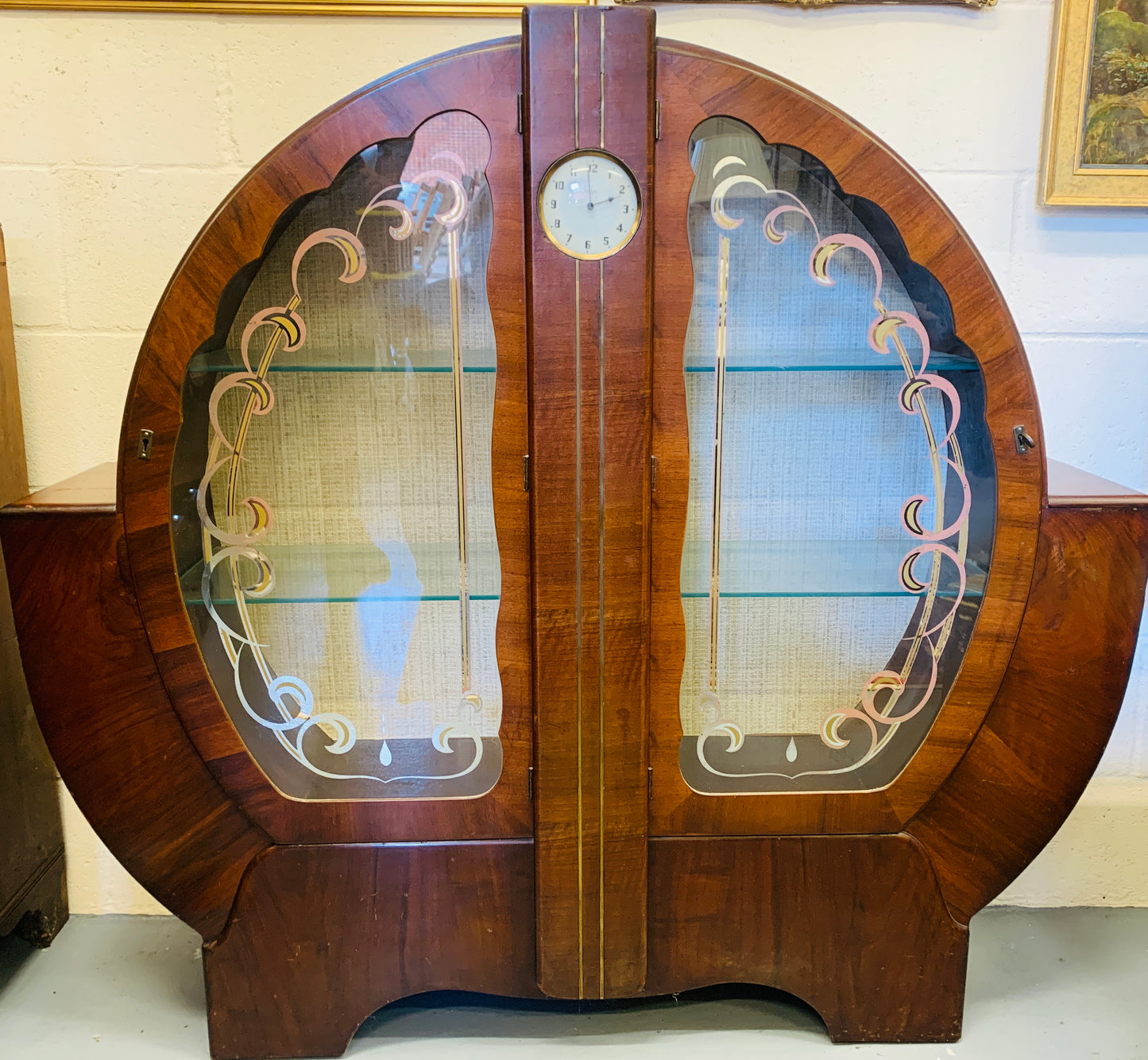 1930s Art Deco Cocktail Cabinet Curved Walnut Bar With Etched Glass & Integrated Smiths Clock