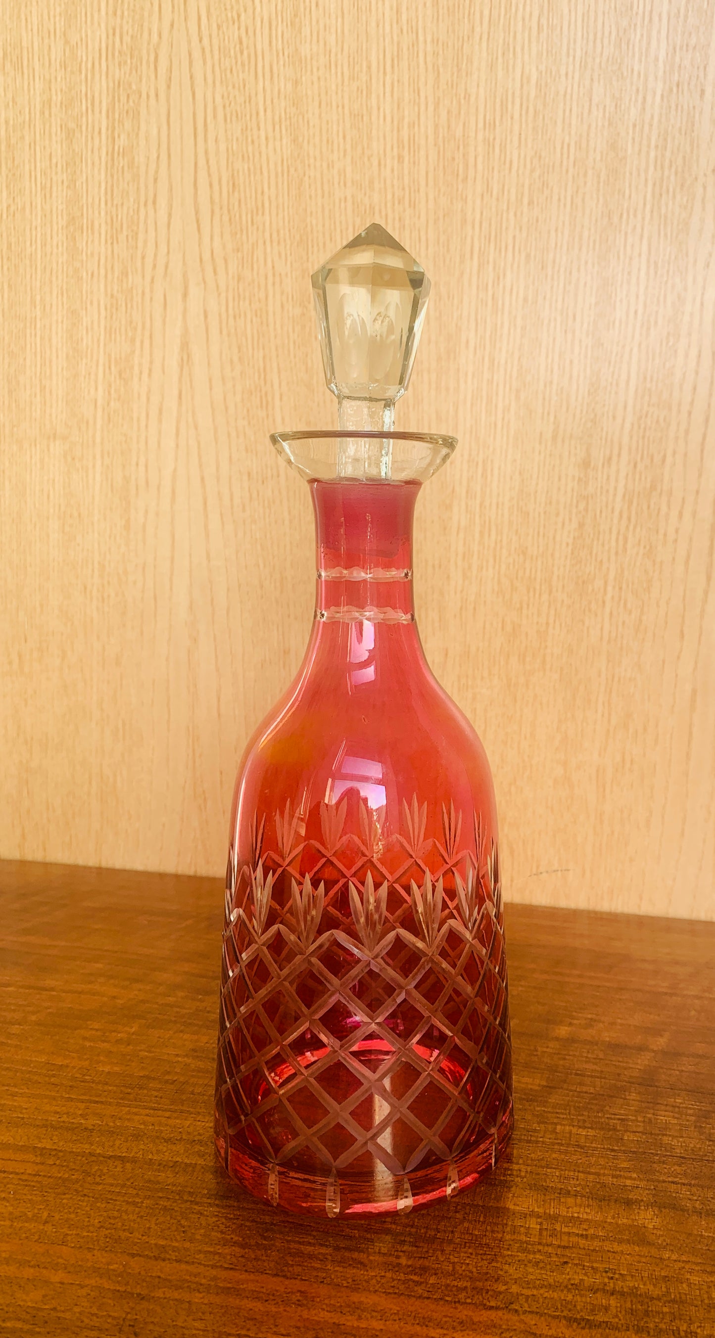 Vintage Cranberry Glass Decanter - Heavy Cut Crystal Diamond Design