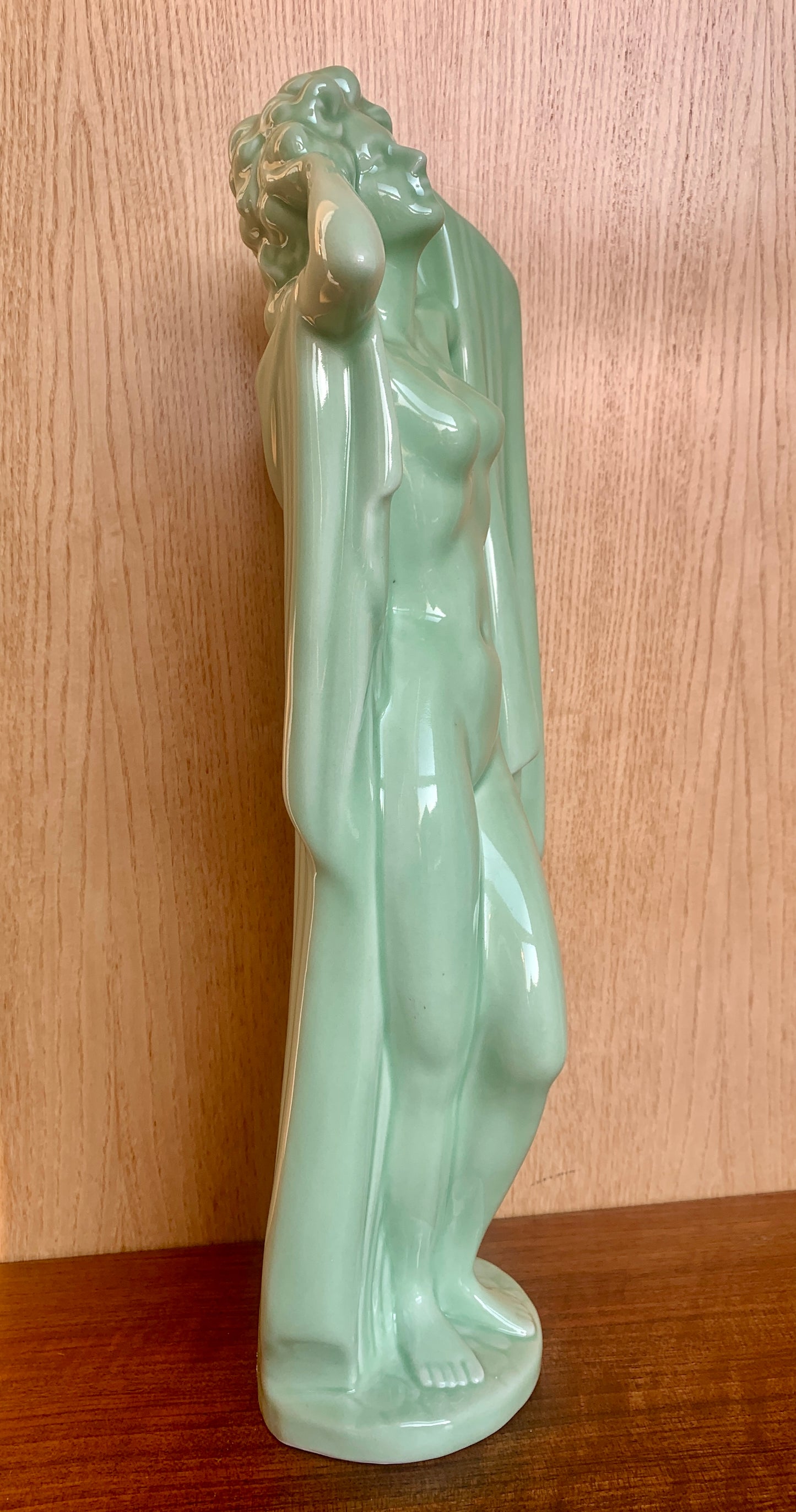 Striking Vintage Art Deco Nude Woman Ceramic Sculpture Figure (50cm) - Pale Celadon Green