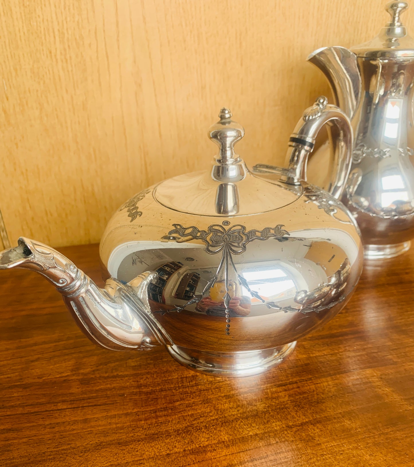 Edwardian Art Nouveau Silver Plate Four-Piece Tea Service by James Dixon & Sons. c. 1890–1910