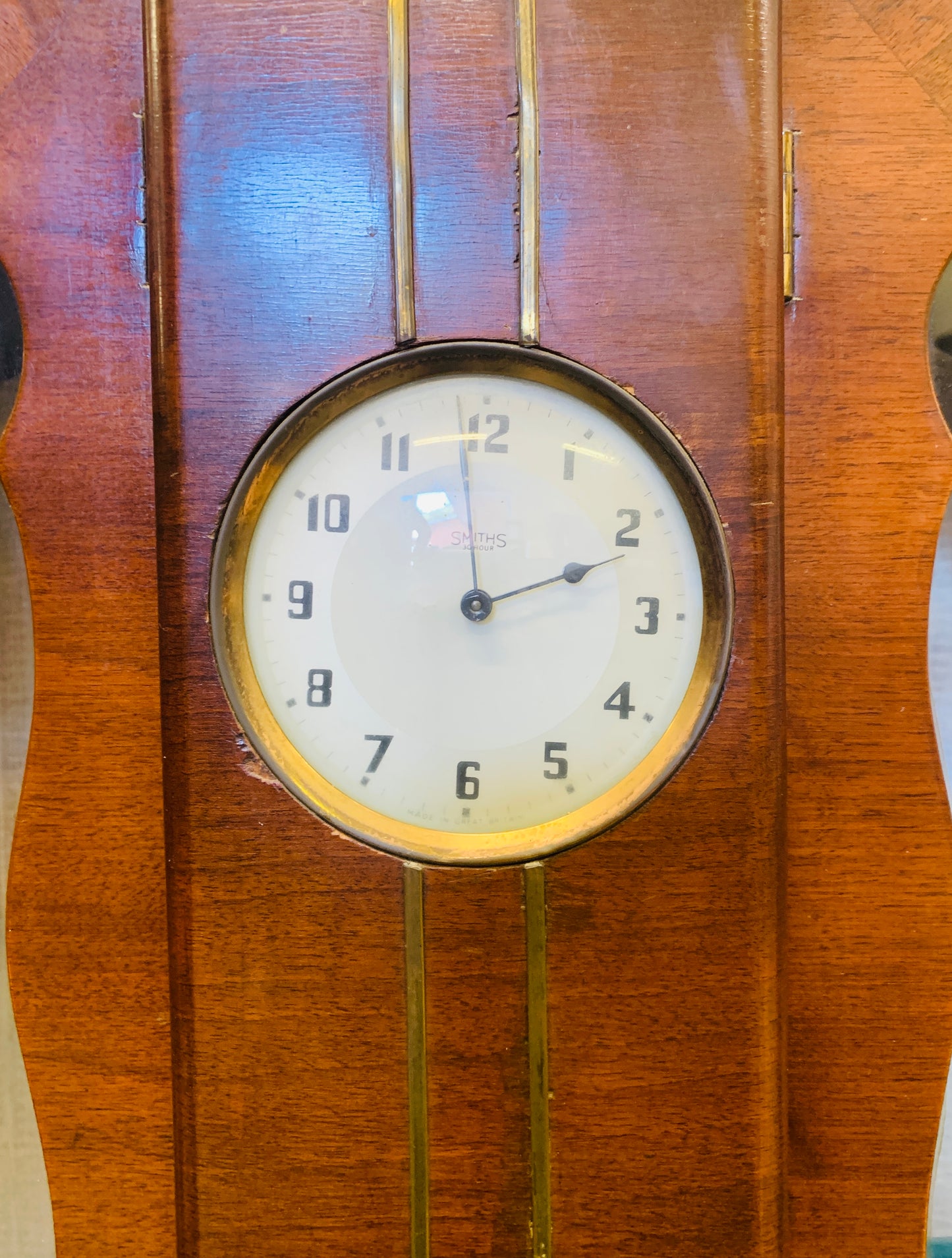 1930s Art Deco Cocktail Cabinet Curved Walnut Bar With Etched Glass & Integrated Smiths Clock