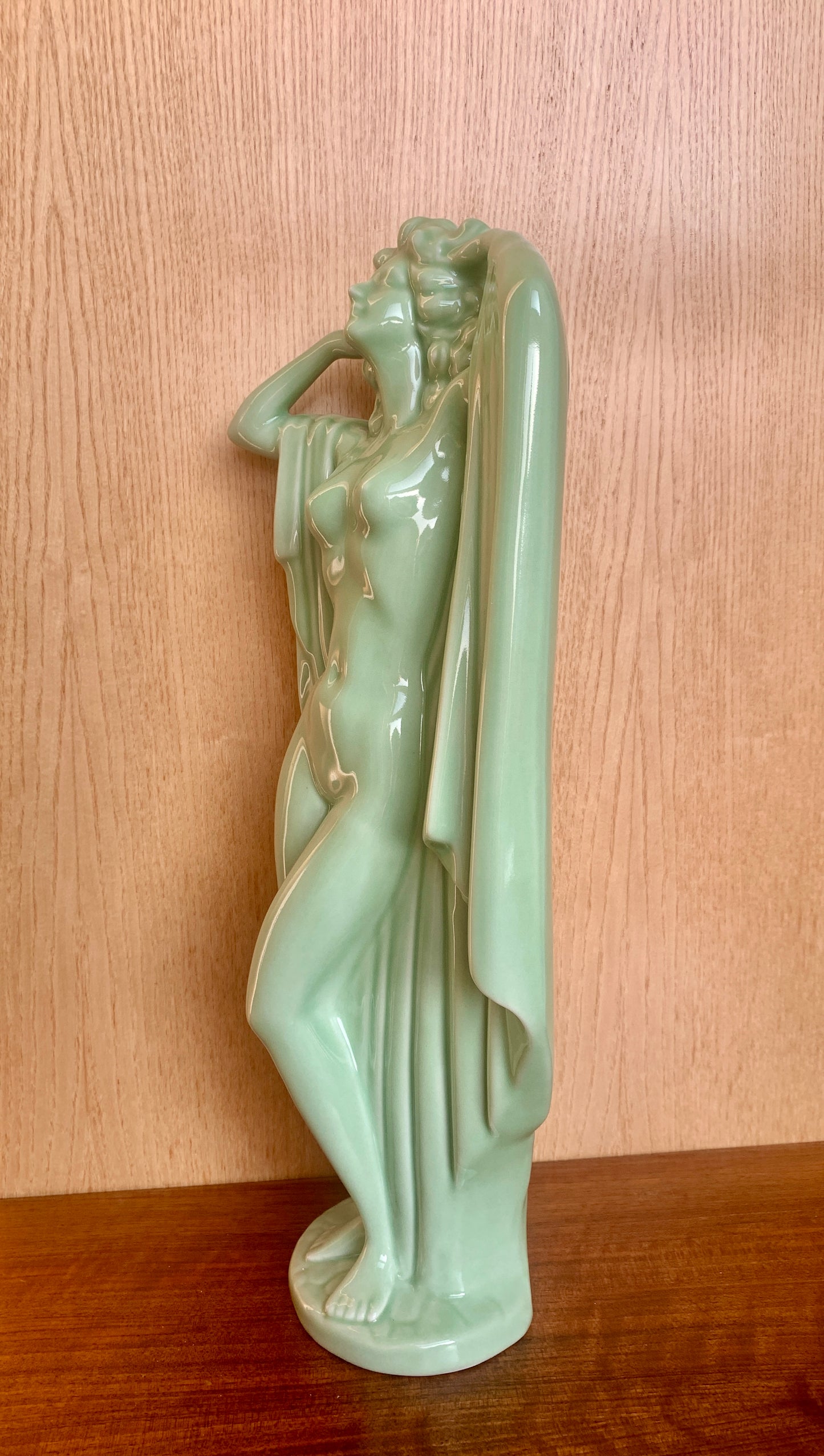 Striking Vintage Art Deco Nude Woman Ceramic Sculpture Figure (50cm) - Pale Celadon Green