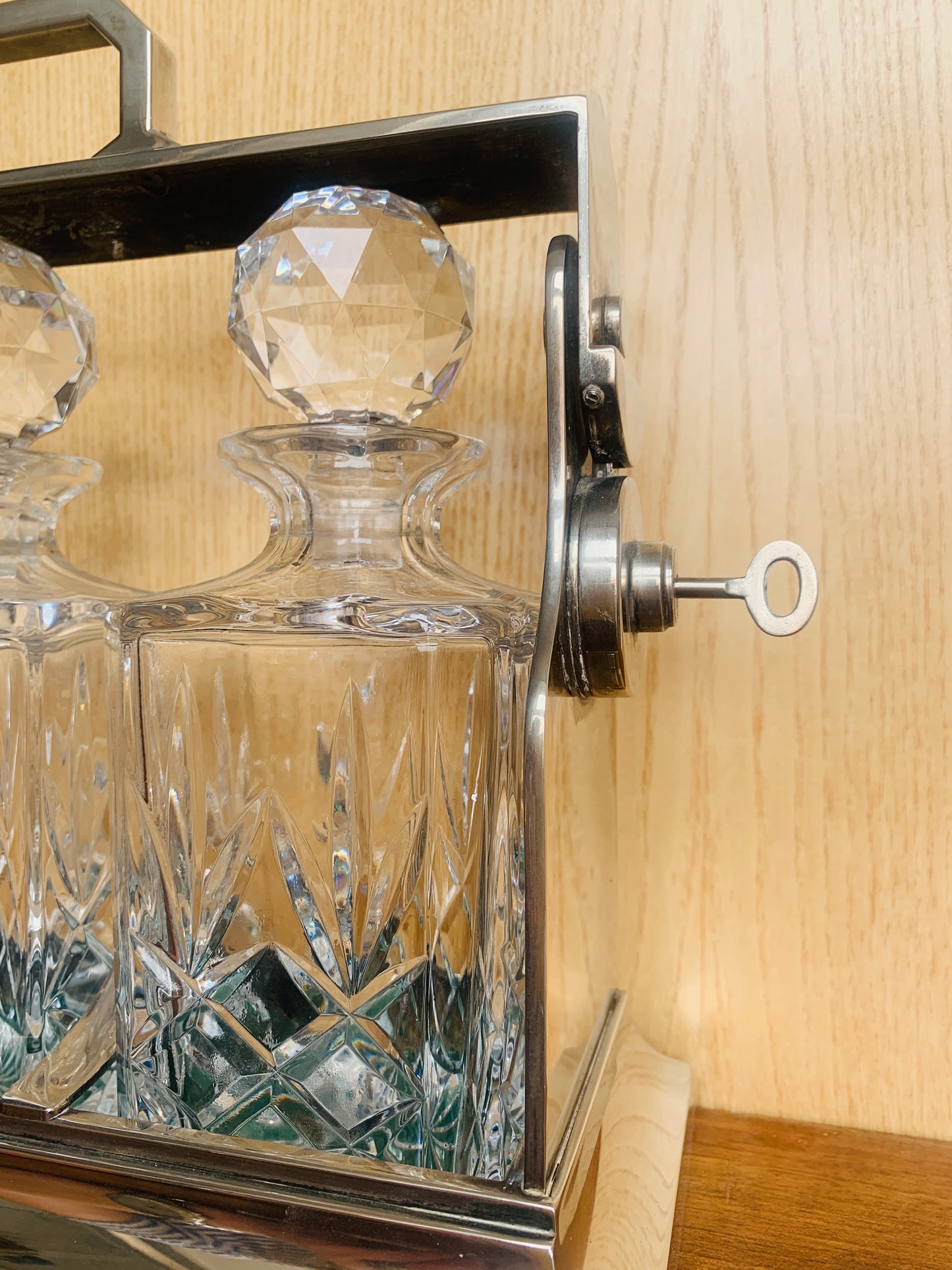 Art Deco Triple Tantalus Decanter Set – Silver Plate & Brilliant Cut Crystal (c. 1920s)