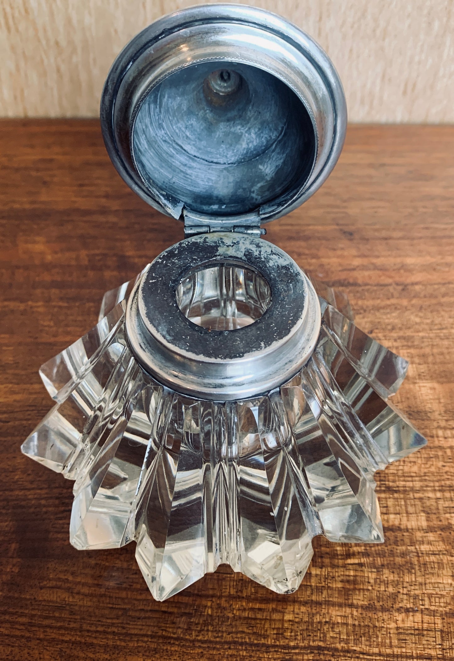 Antique Art Deco Crystal Inkwell with Ornate Silver-Plated Top and Eagle Finial