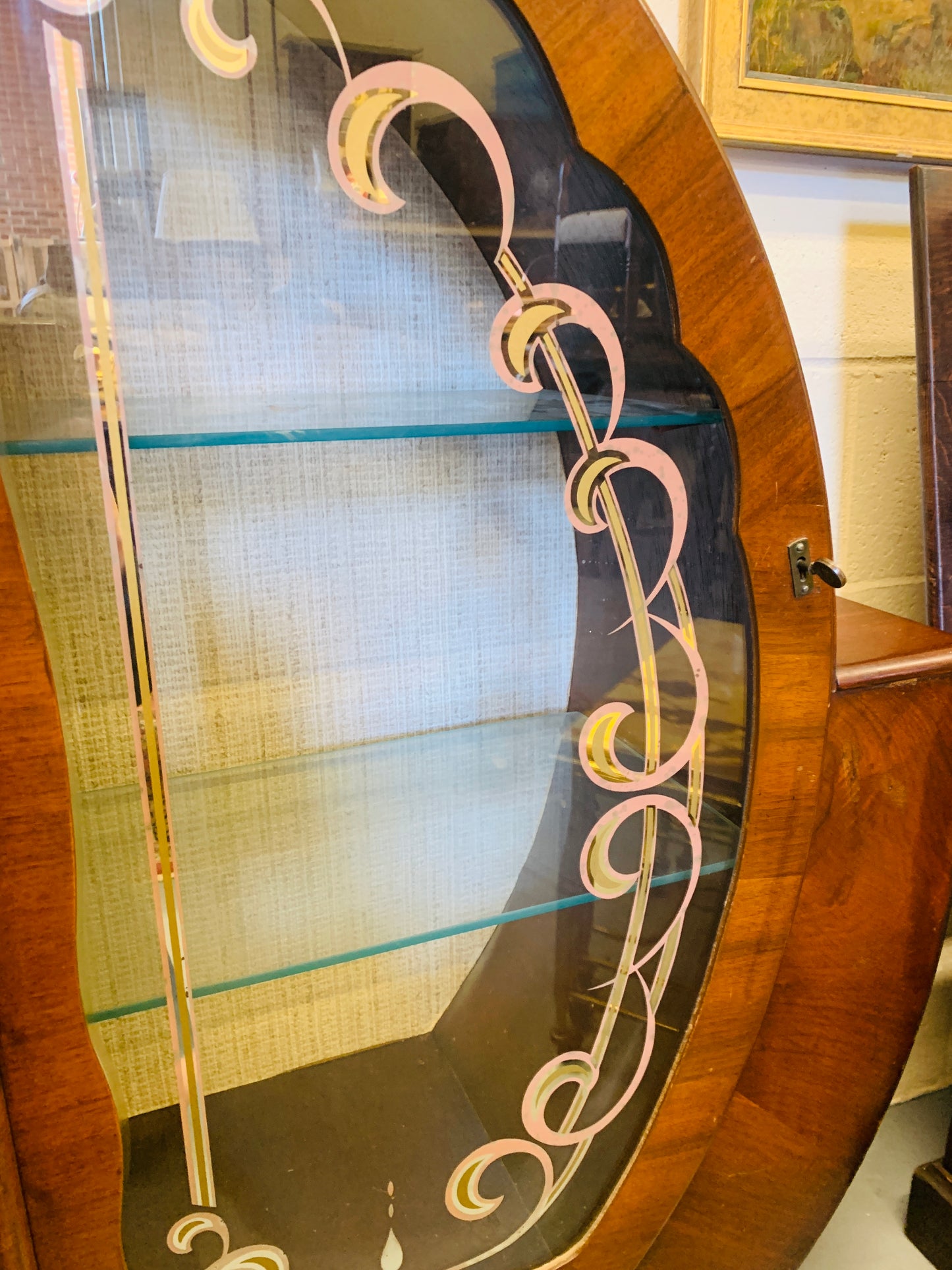1930s Art Deco Cocktail Cabinet Curved Walnut Bar With Etched Glass & Integrated Smiths Clock