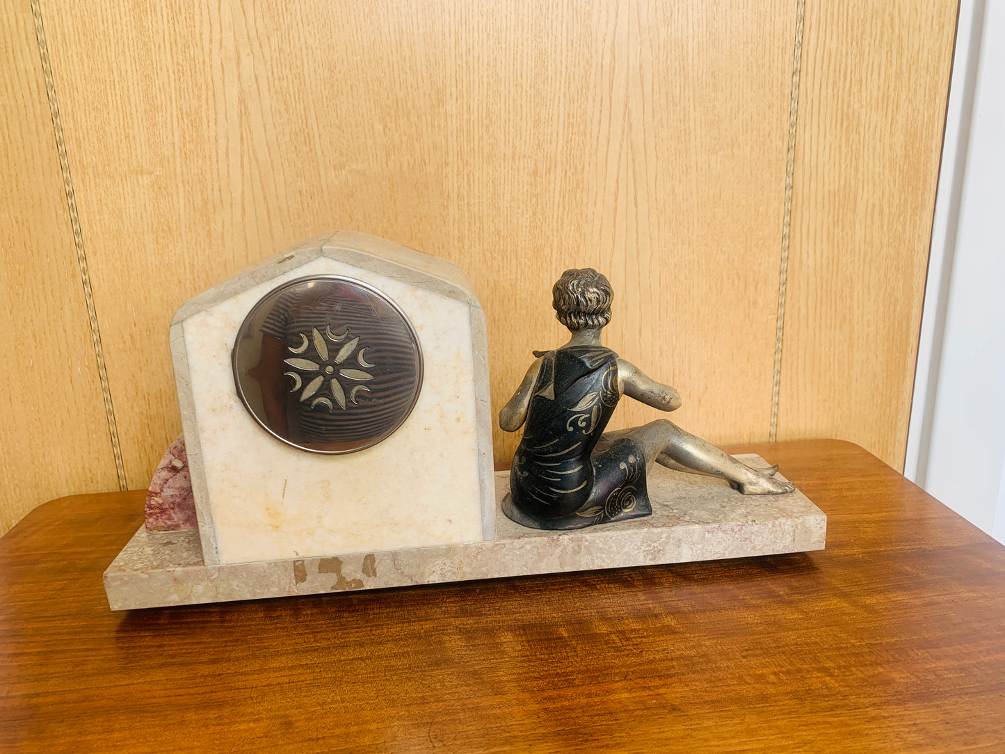 Art Deco Clock Garniture – Figural Spelter on Onyx Base (c. 1920s–1930s) – Working Clock & Key!