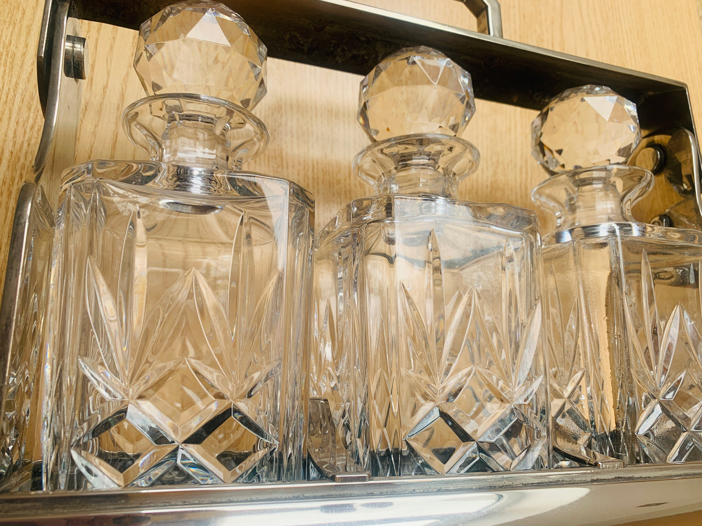 Art Deco Triple Tantalus Decanter Set – Silver Plate & Brilliant Cut Crystal (c. 1920s)
