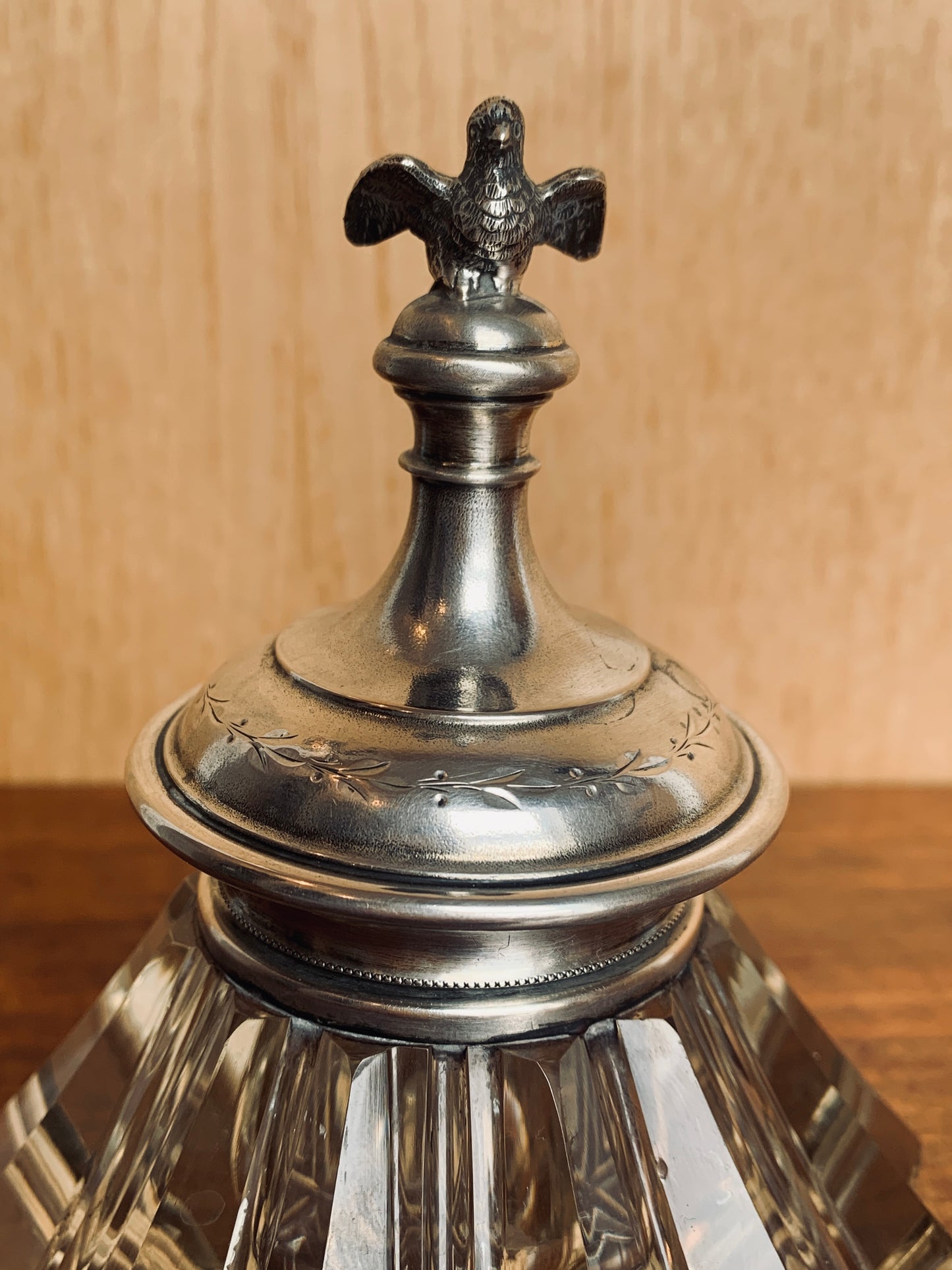 Antique Art Deco Crystal Inkwell with Ornate Silver-Plated Top and Eagle Finial