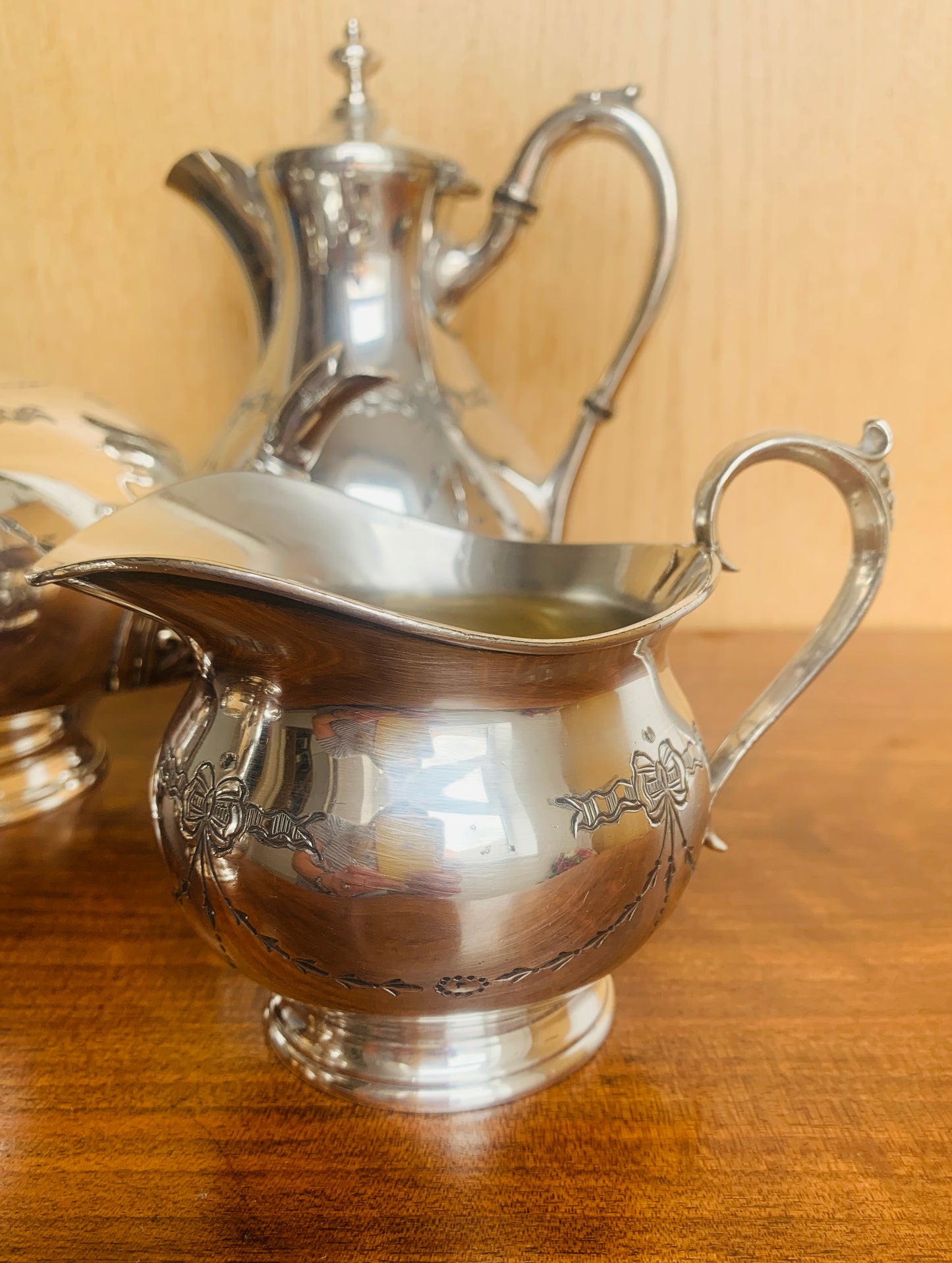 Edwardian Art Nouveau Silver Plate Four-Piece Tea Service by James Dixon & Sons. c. 1890–1910