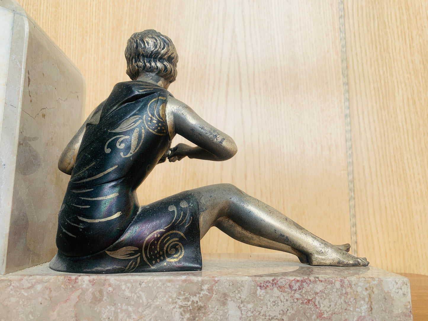Art Deco Clock Garniture – Figural Spelter on Onyx Base (c. 1920s–1930s) – Working Clock & Key!