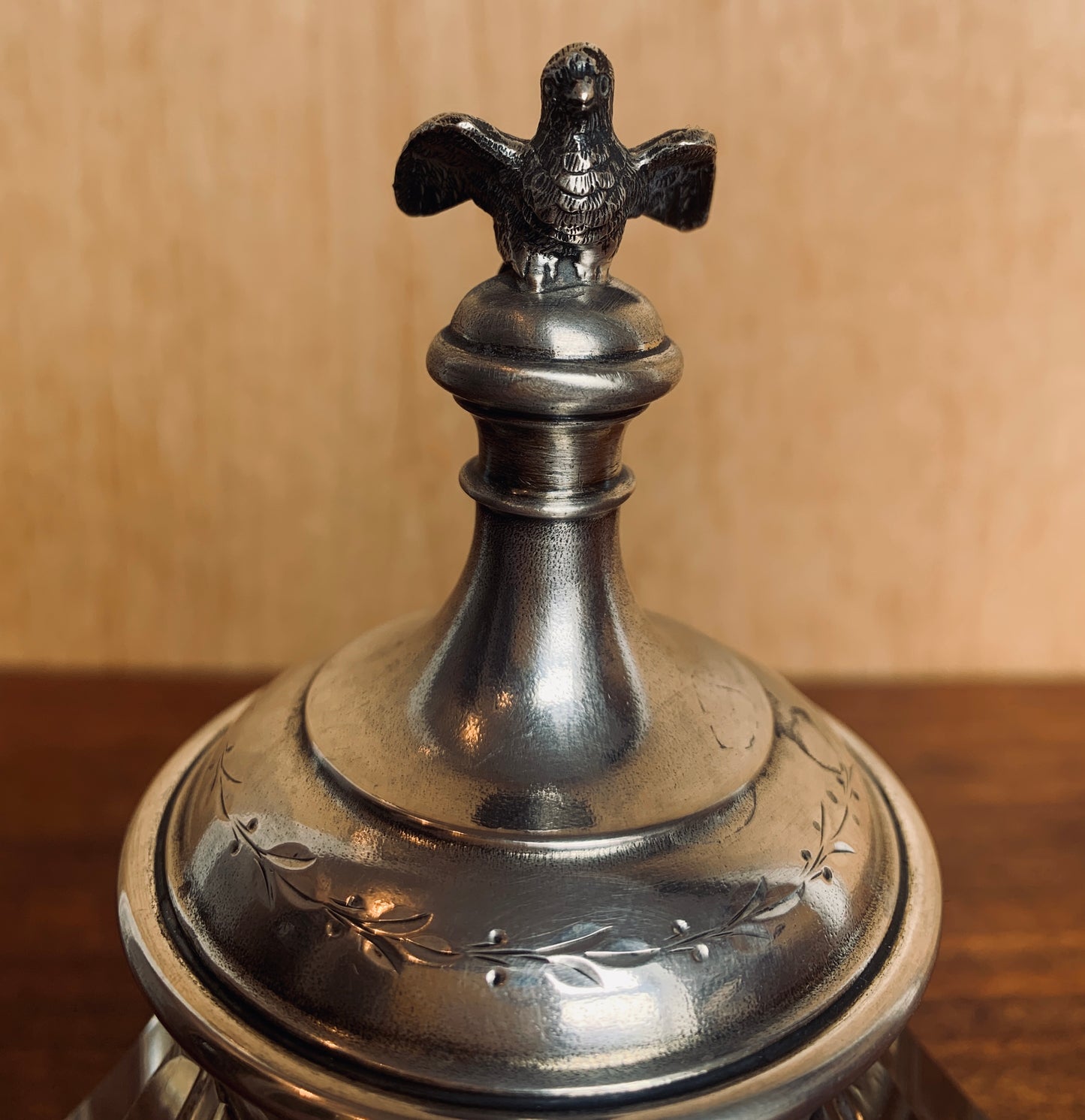 Antique Art Deco Crystal Inkwell with Ornate Silver-Plated Top and Eagle Finial