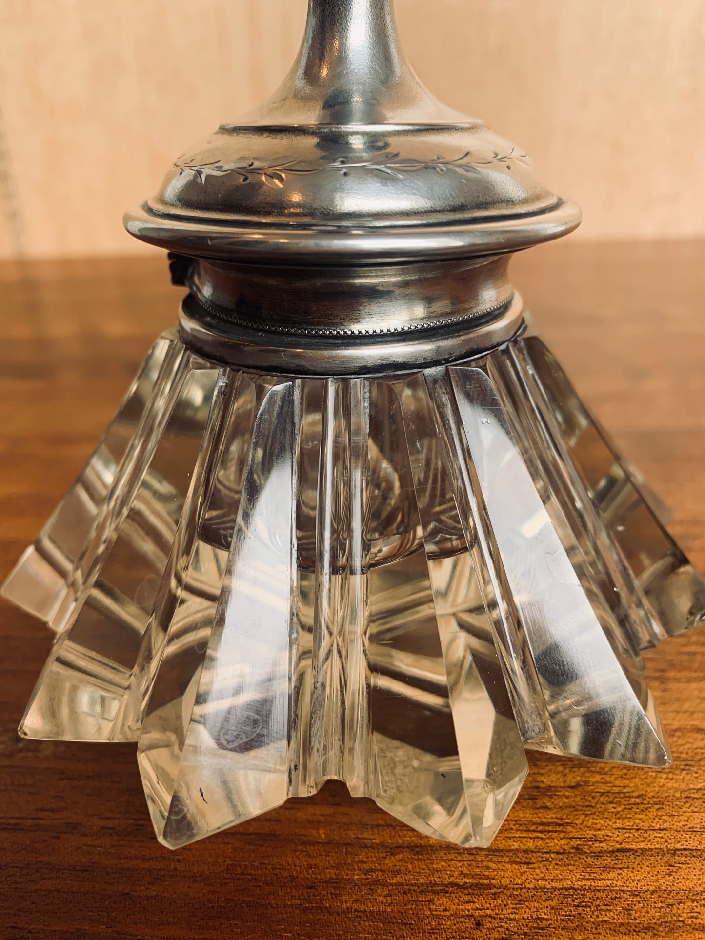 Antique Art Deco Crystal Inkwell with Ornate Silver-Plated Top and Eagle Finial