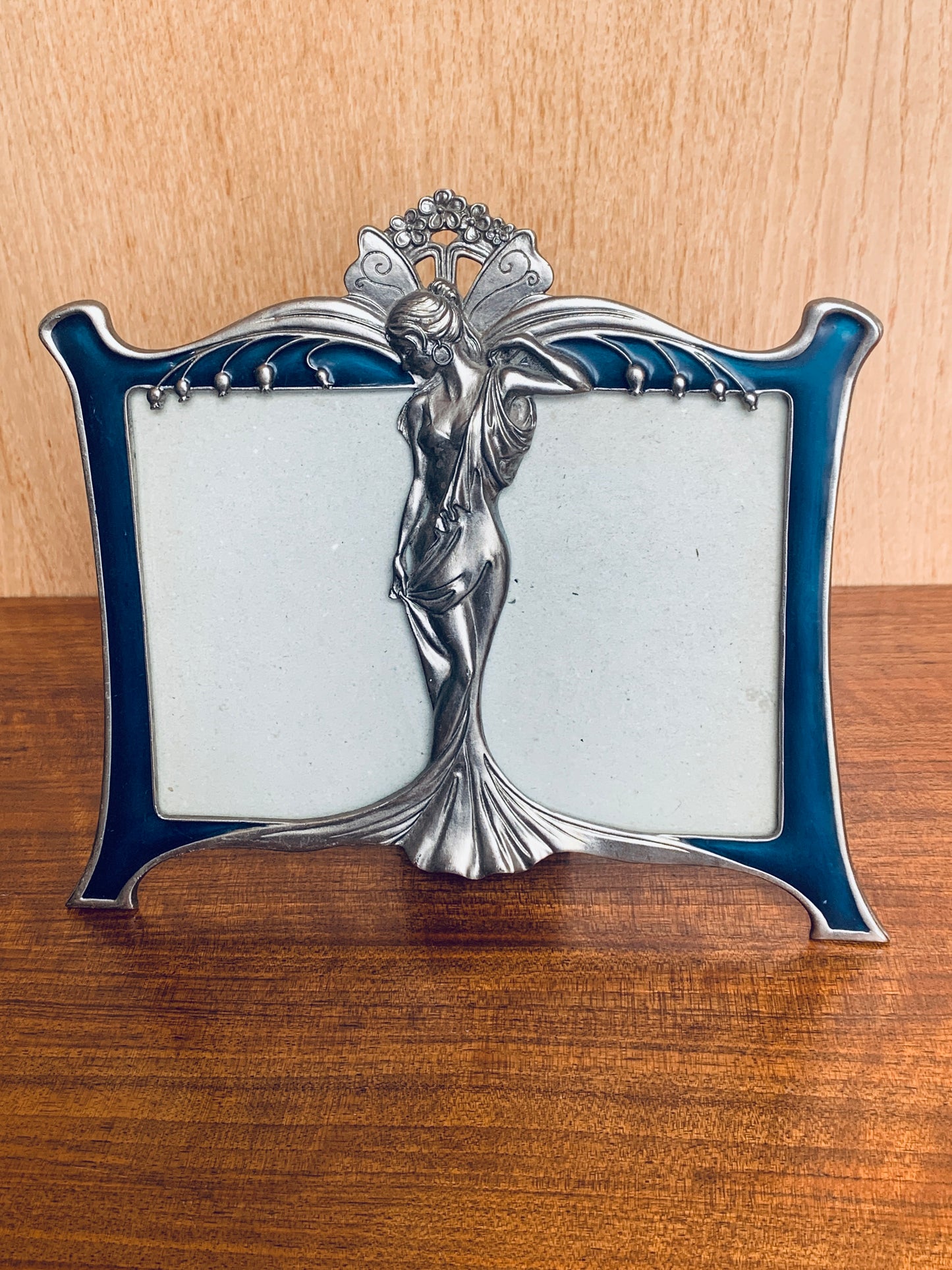 Vintage Art Nouveau Style Enamel Double Photo Frame with Figural Lady