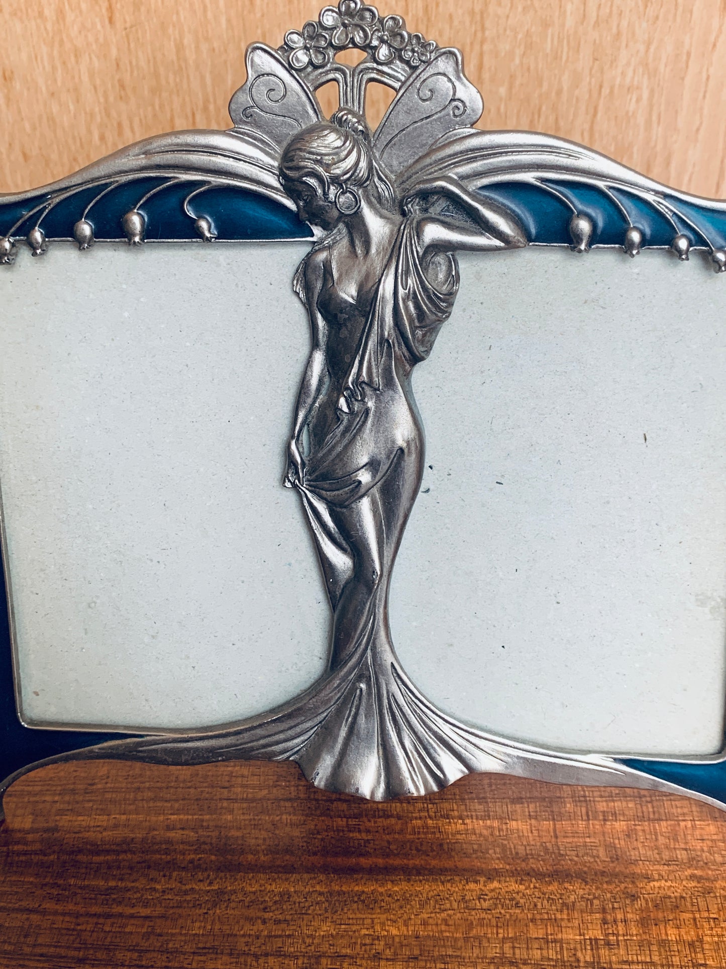 Vintage Art Nouveau Style Enamel Double Photo Frame with Figural Lady