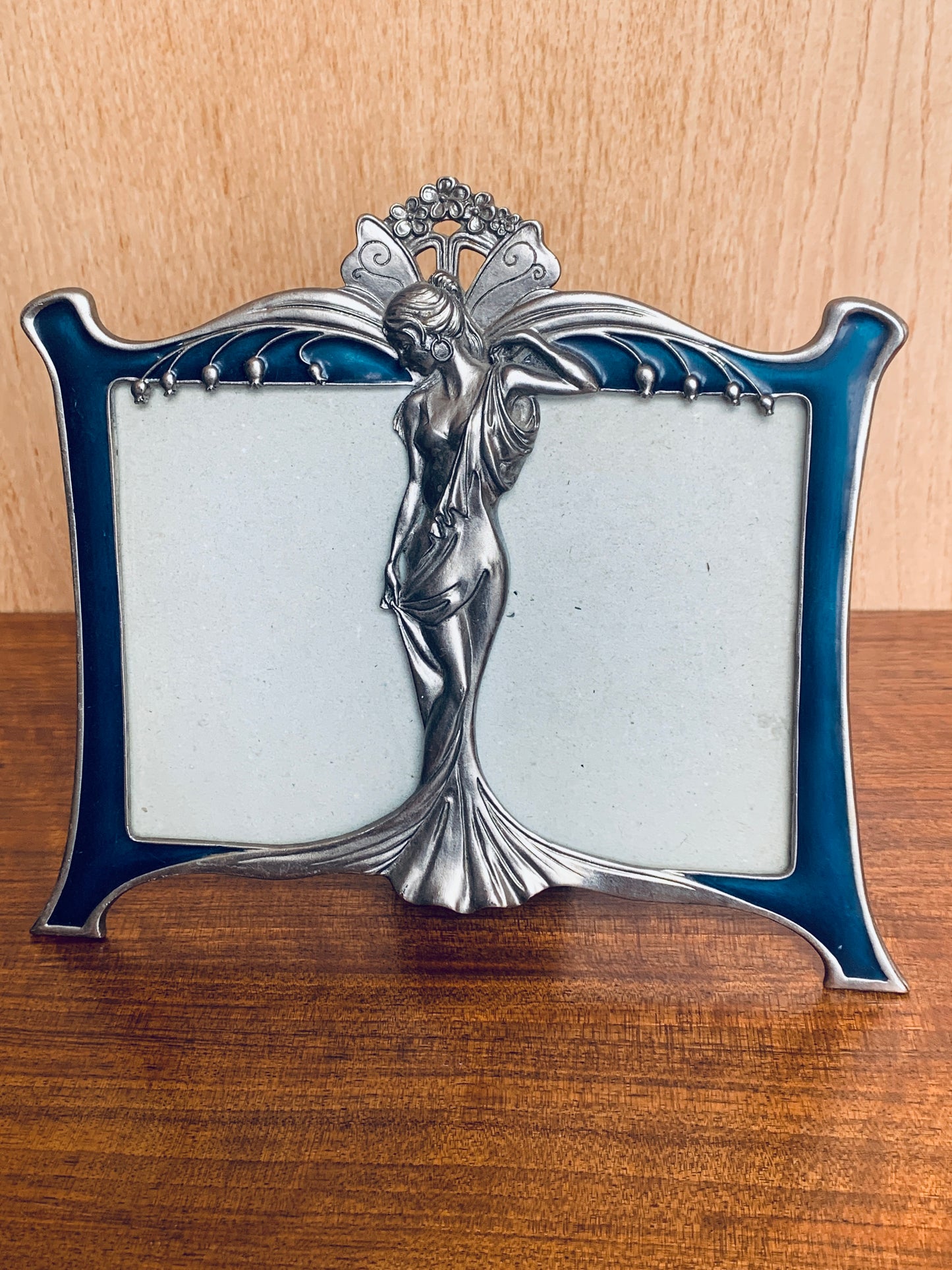 Vintage Art Nouveau Style Enamel Double Photo Frame with Figural Lady