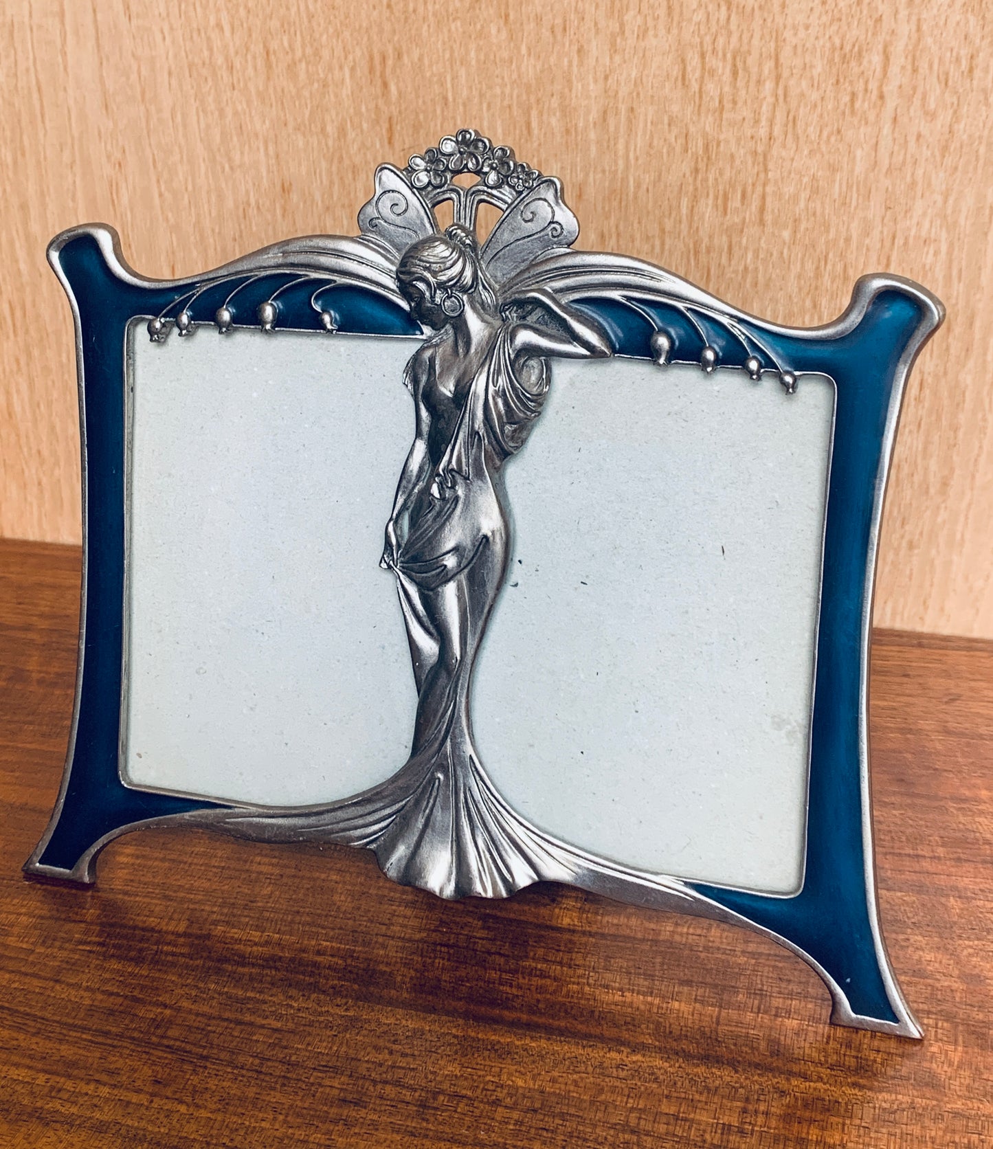Vintage Art Nouveau Style Enamel Double Photo Frame with Figural Lady