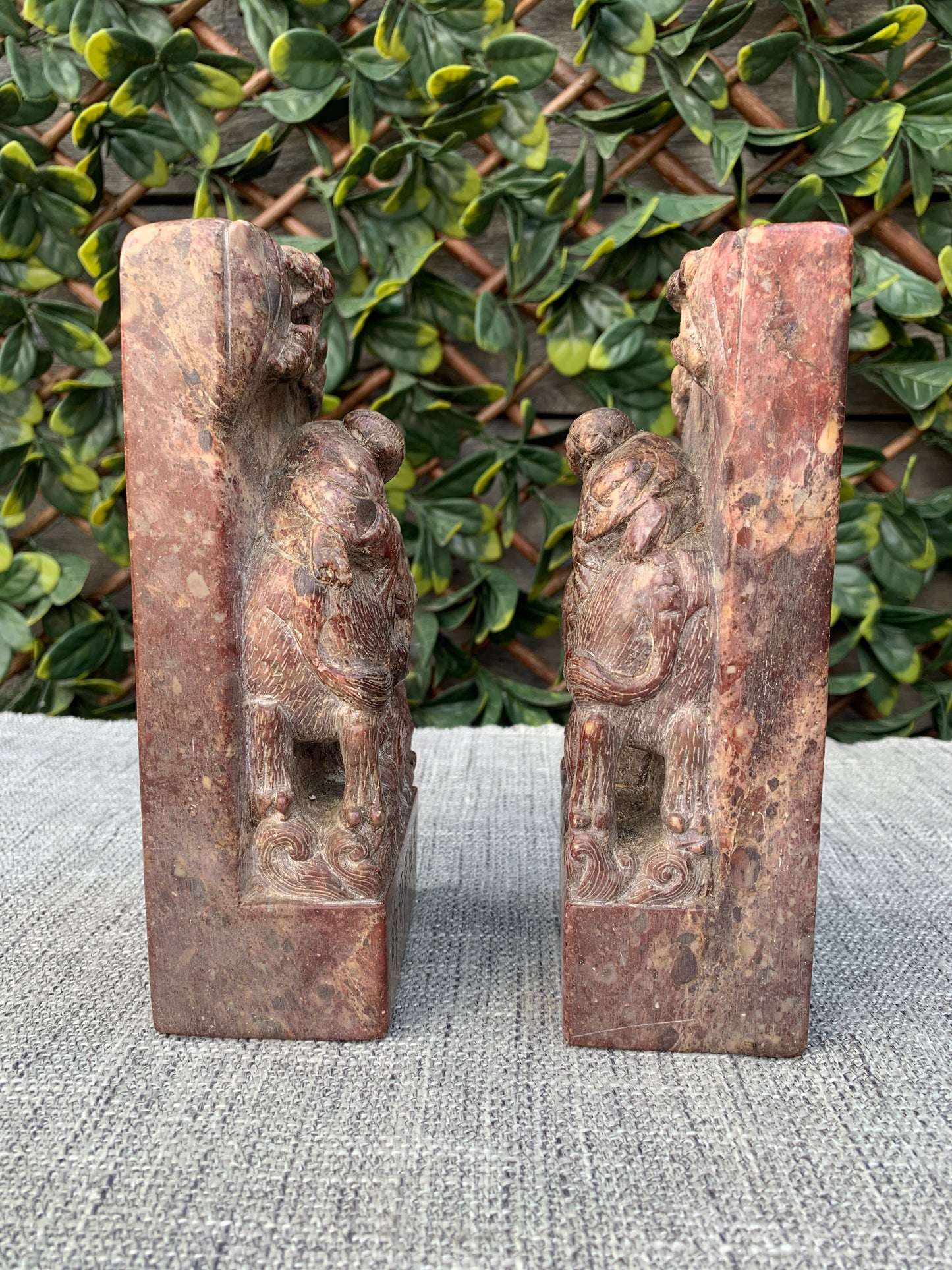 Antique Pair Carved Chinese Soapstone Seals, Statues Figures Upon Water Buffalo, Heavy Chops/Bookends