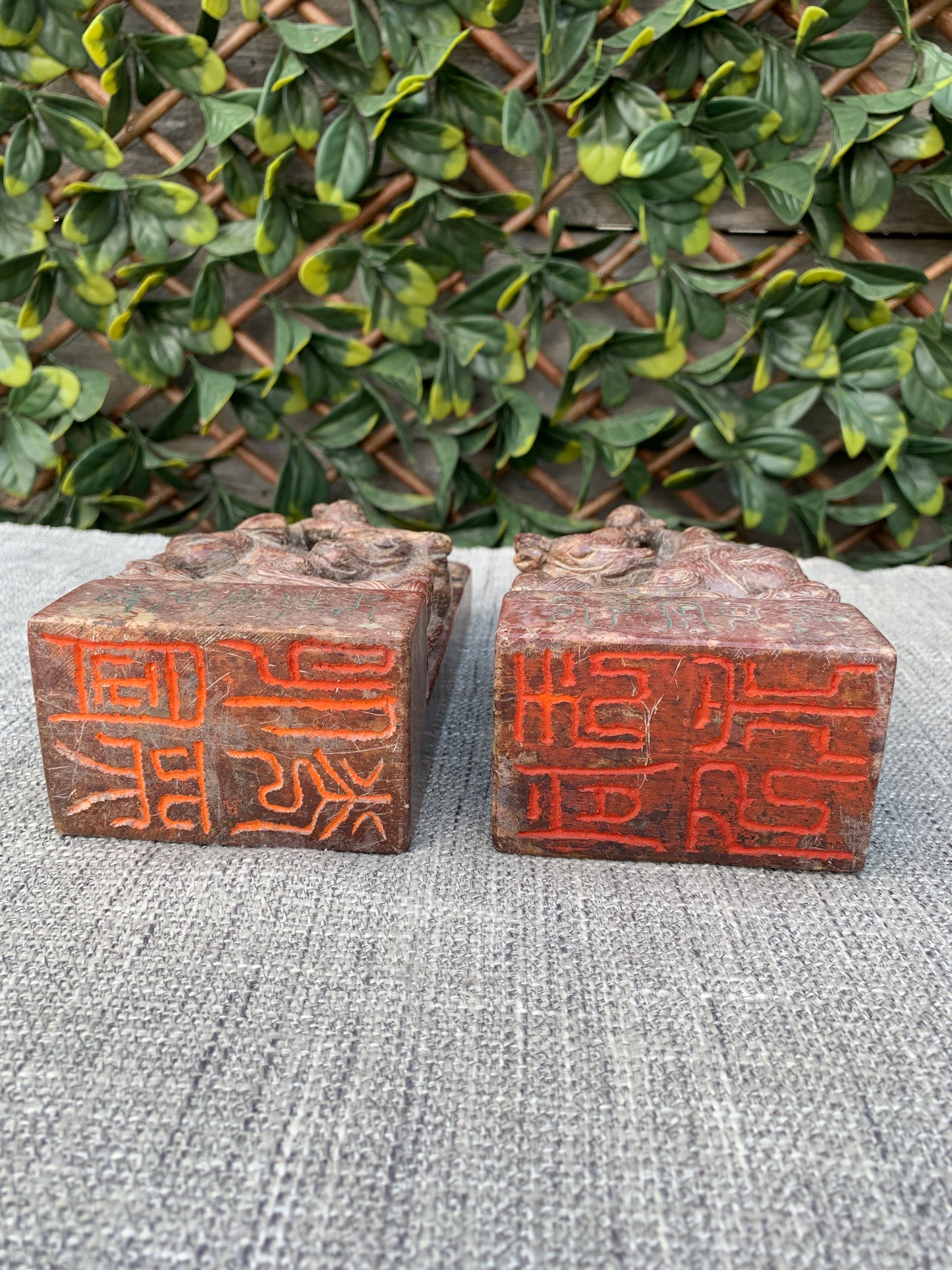 Antique Pair Carved Chinese Soapstone Seals, Statues Figures Upon Water Buffalo, Heavy Chops/Bookends