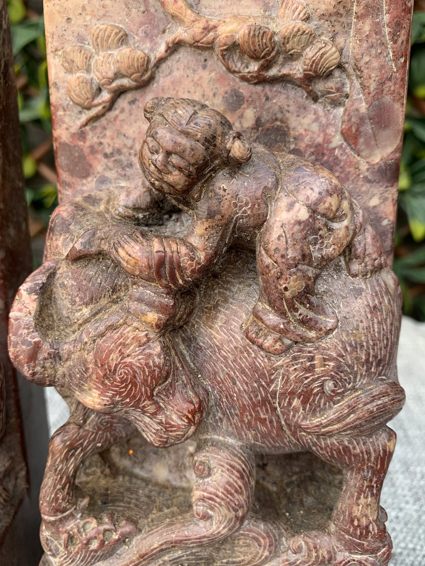 Antique Pair Carved Chinese Soapstone Seals, Statues Figures Upon Water Buffalo, Heavy Chops/Bookends