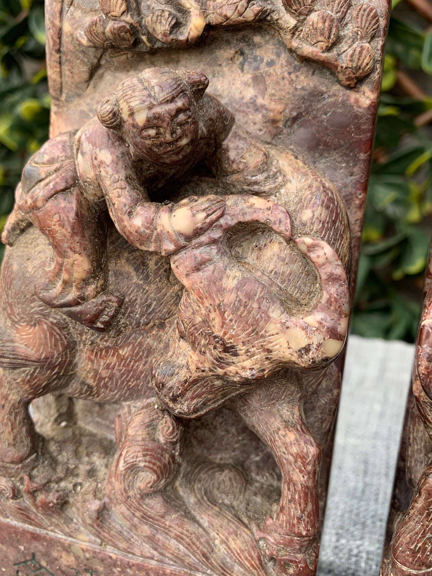 Antique Pair Carved Chinese Soapstone Seals, Statues Figures Upon Water Buffalo, Heavy Chops/Bookends