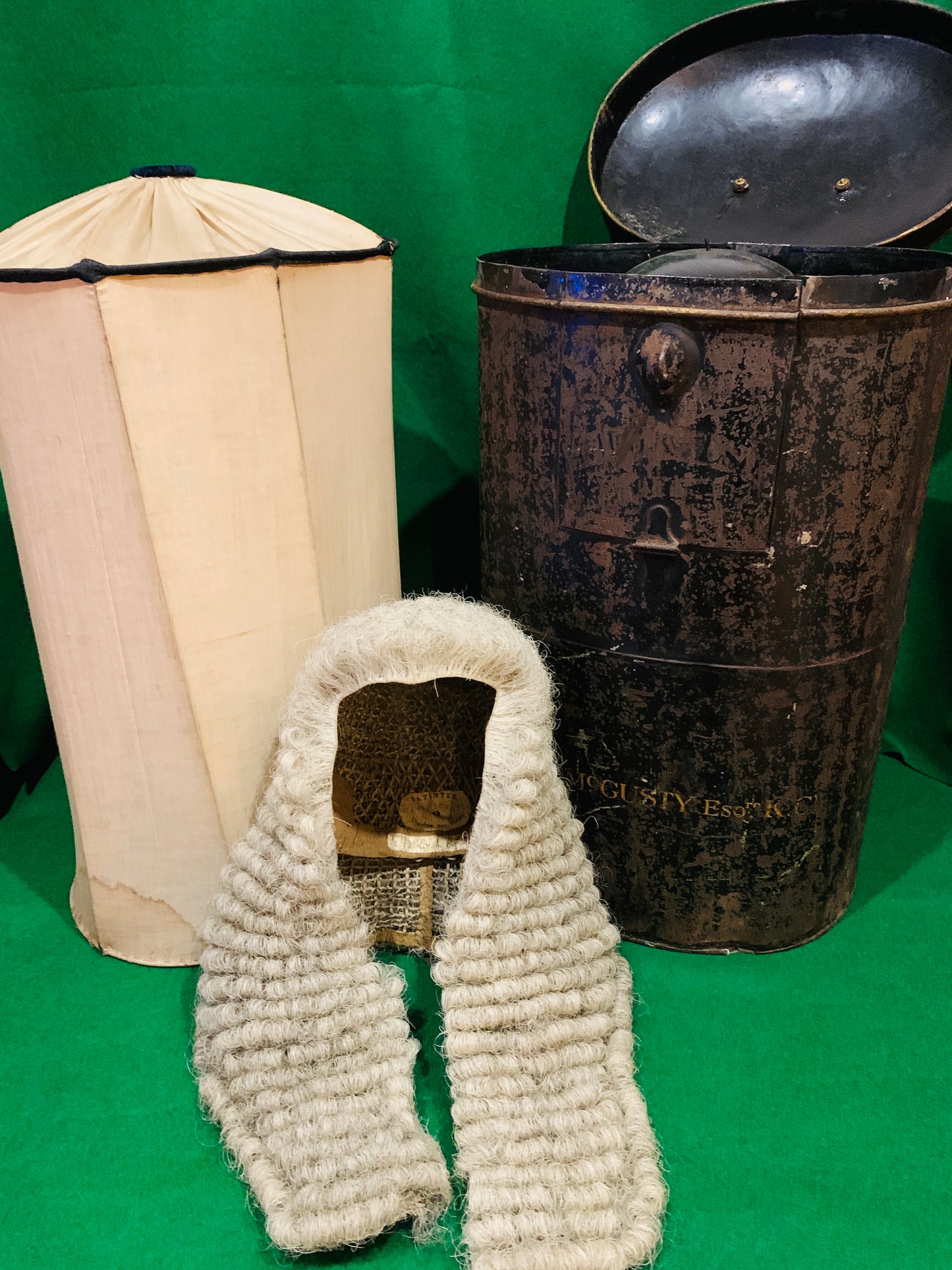 Extremely Rare Antique (early 1900's) Ceremonial Full Bottomed Wig & Upright Storage Case with Internal Birdcage, Ede and Ravenscroft
