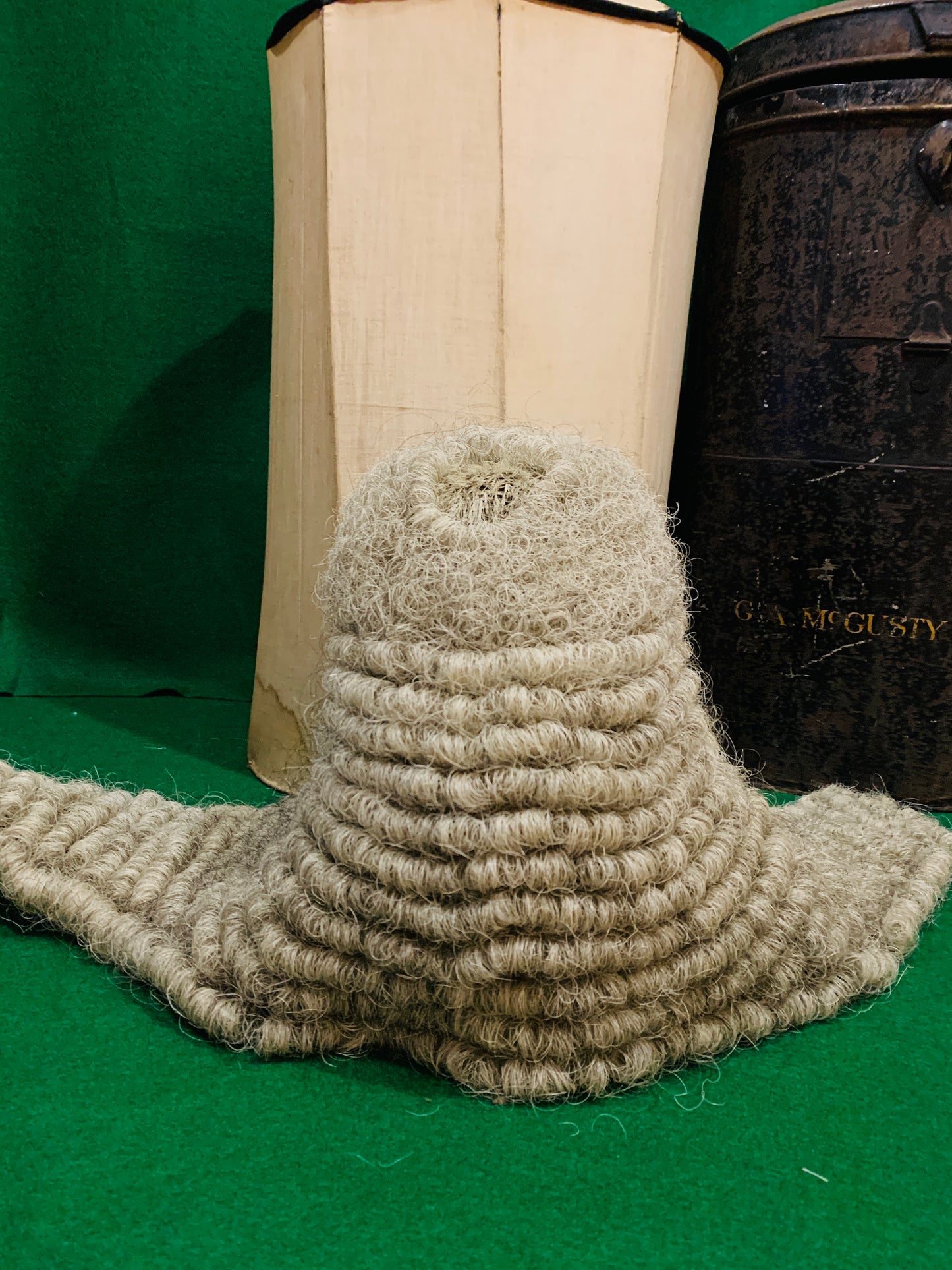 Extremely Rare Antique (early 1900's) Ceremonial Full Bottomed Wig & Upright Storage Case with Internal Birdcage, Ede and Ravenscroft
