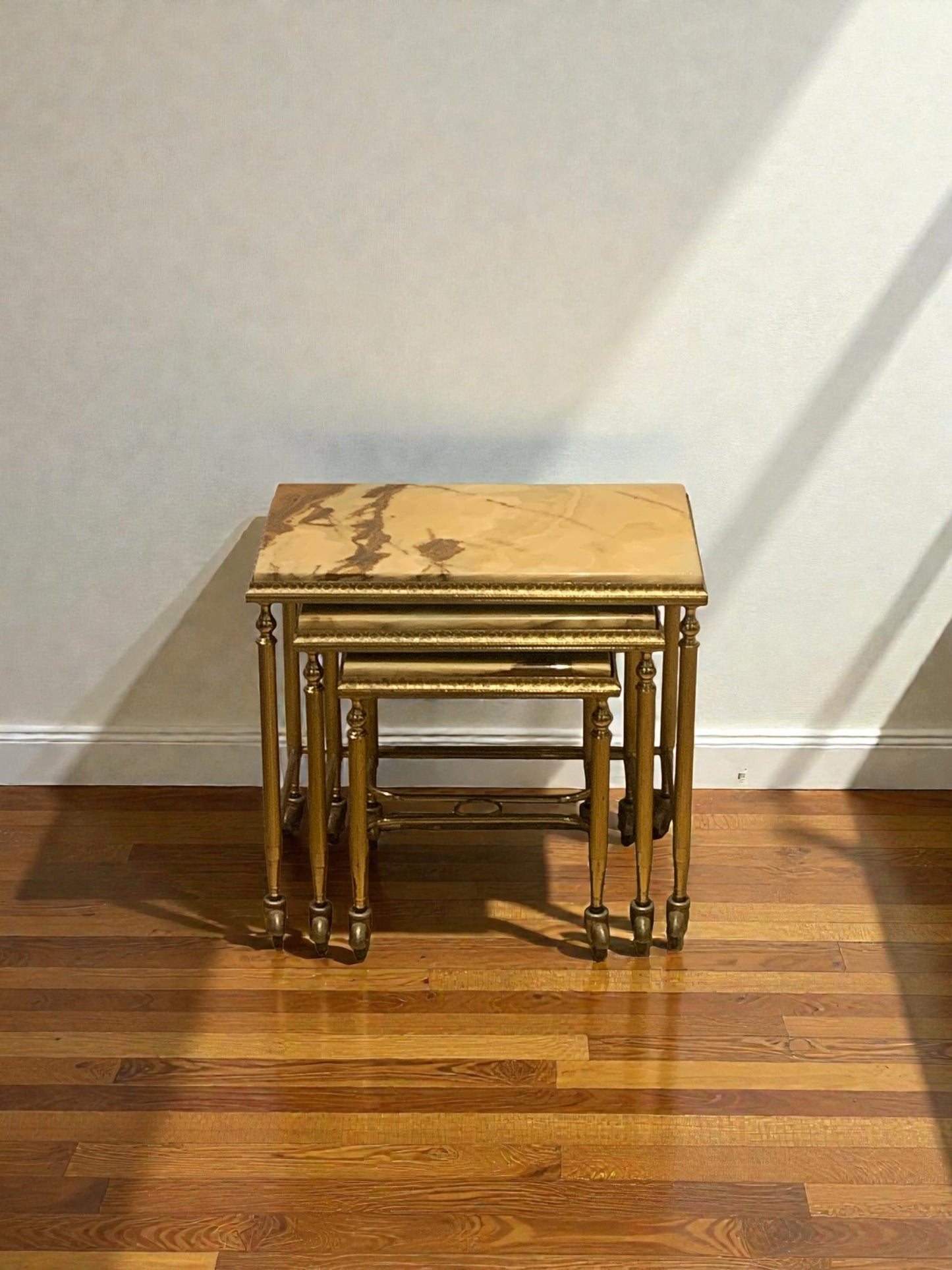 Elegant French Brass and Onyx Nesting Tables, Holllywood Regency Style. 1950's