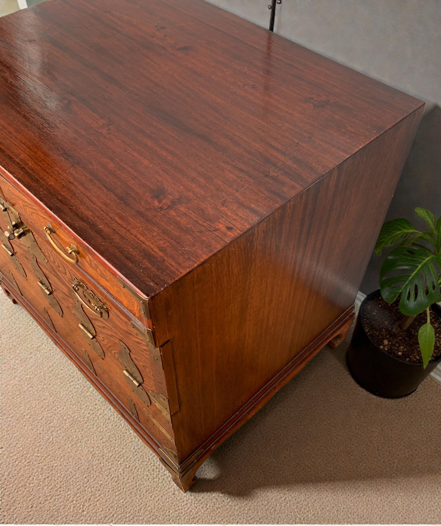 Antique Korean Bandaji / Tansu Chest with Working Fish Lock and Hanji Calligraphy Lining