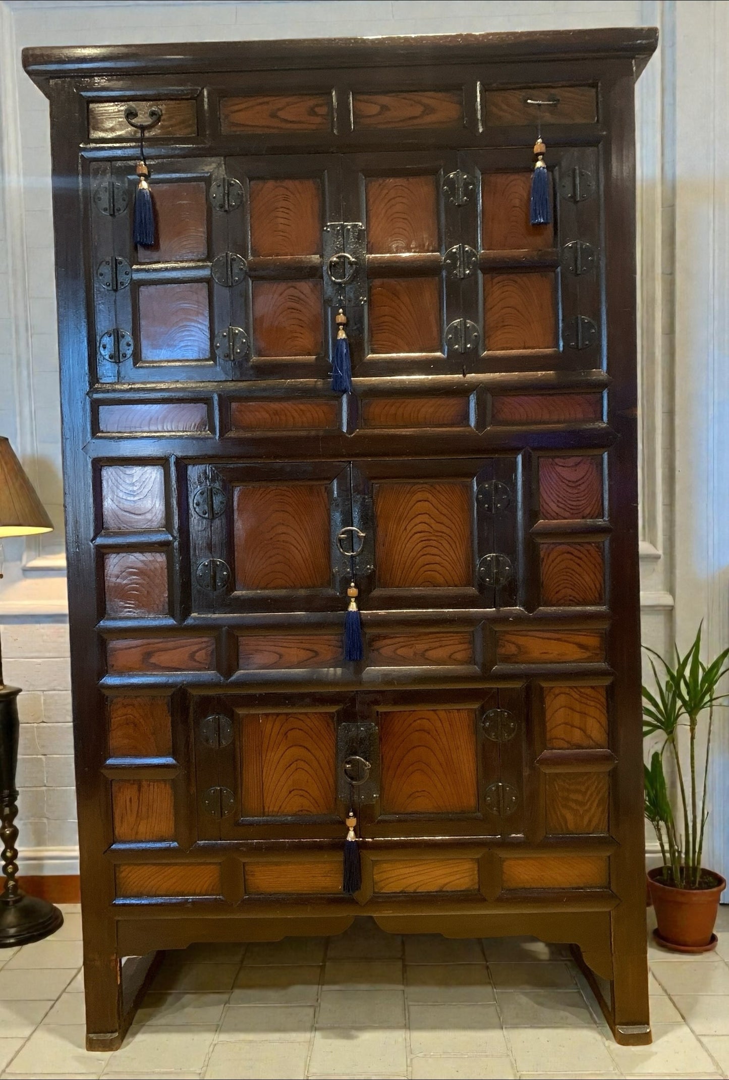 Gorgeous Vintage Korean Elm Bandaji Cabinet, Original Locks, Hanji Paper