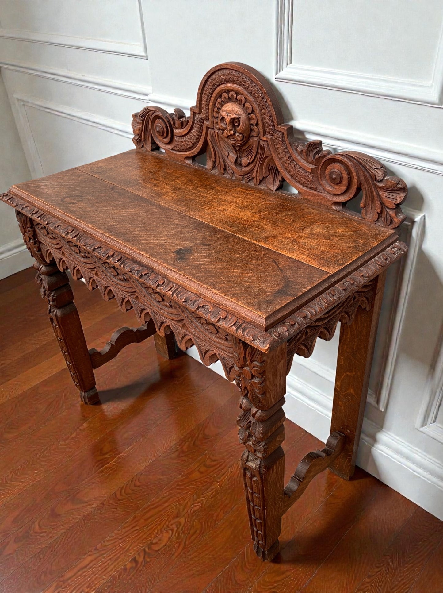 1860's Antique Victorian Carved Oak Console Hall Table with Green Man Motif