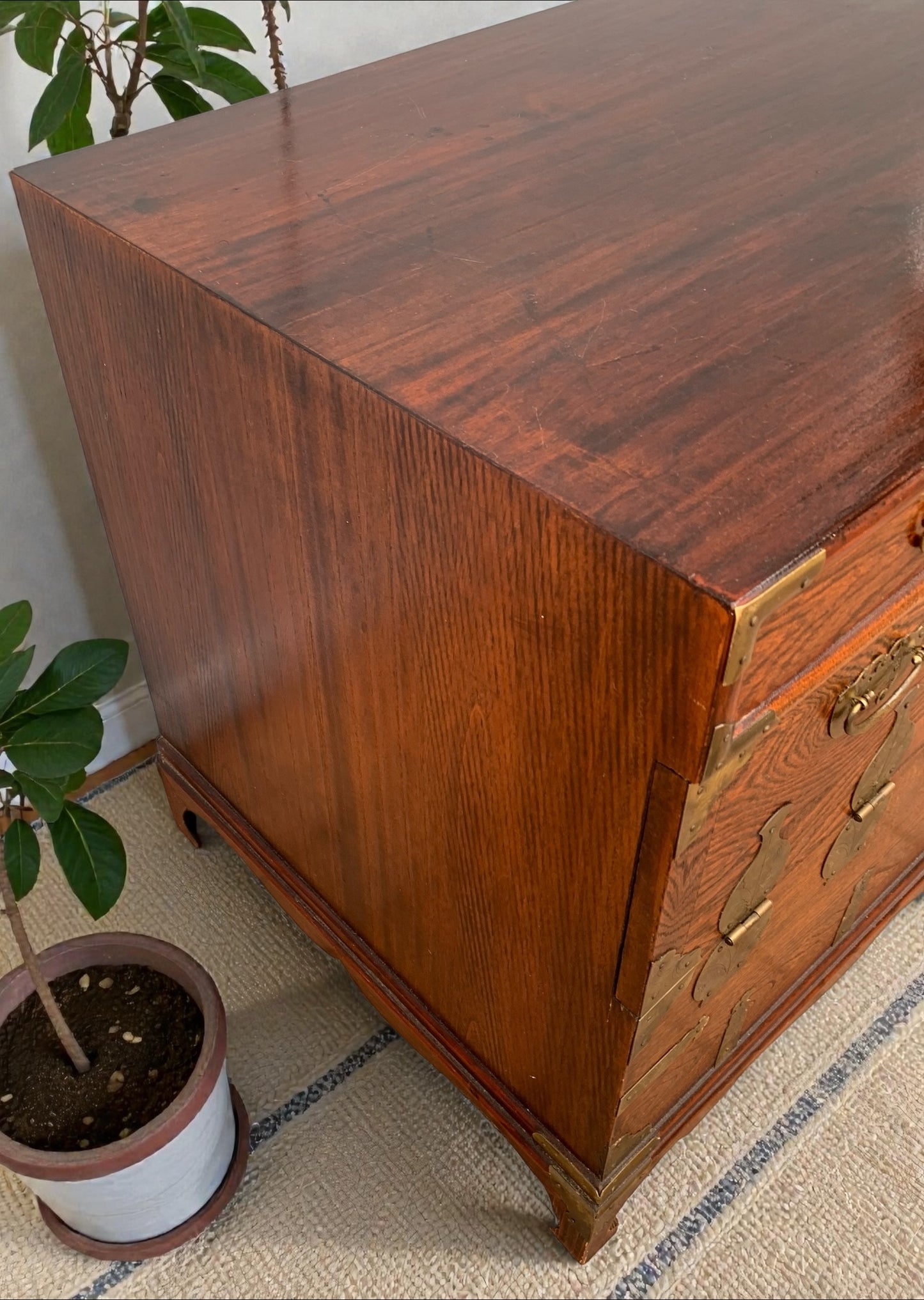 Antique Korean Bandaji / Tansu Chest with Working Fish Lock and Hanji Calligraphy Lining