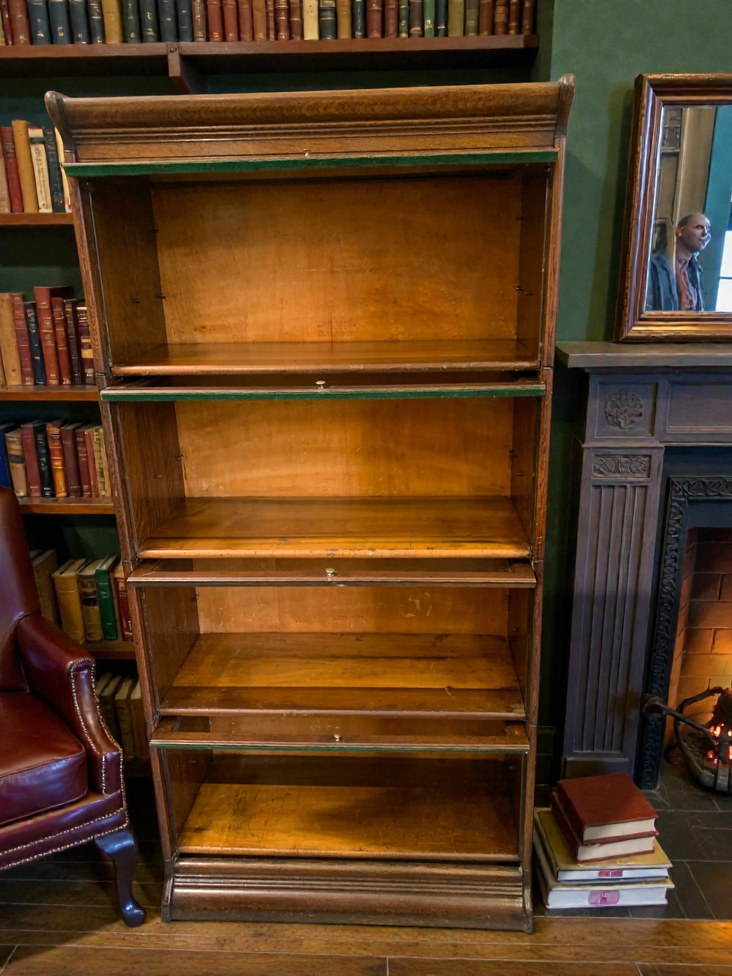 Antique Gunn, Four Stack Waterfall Oak Sectional Barristers Bookcases