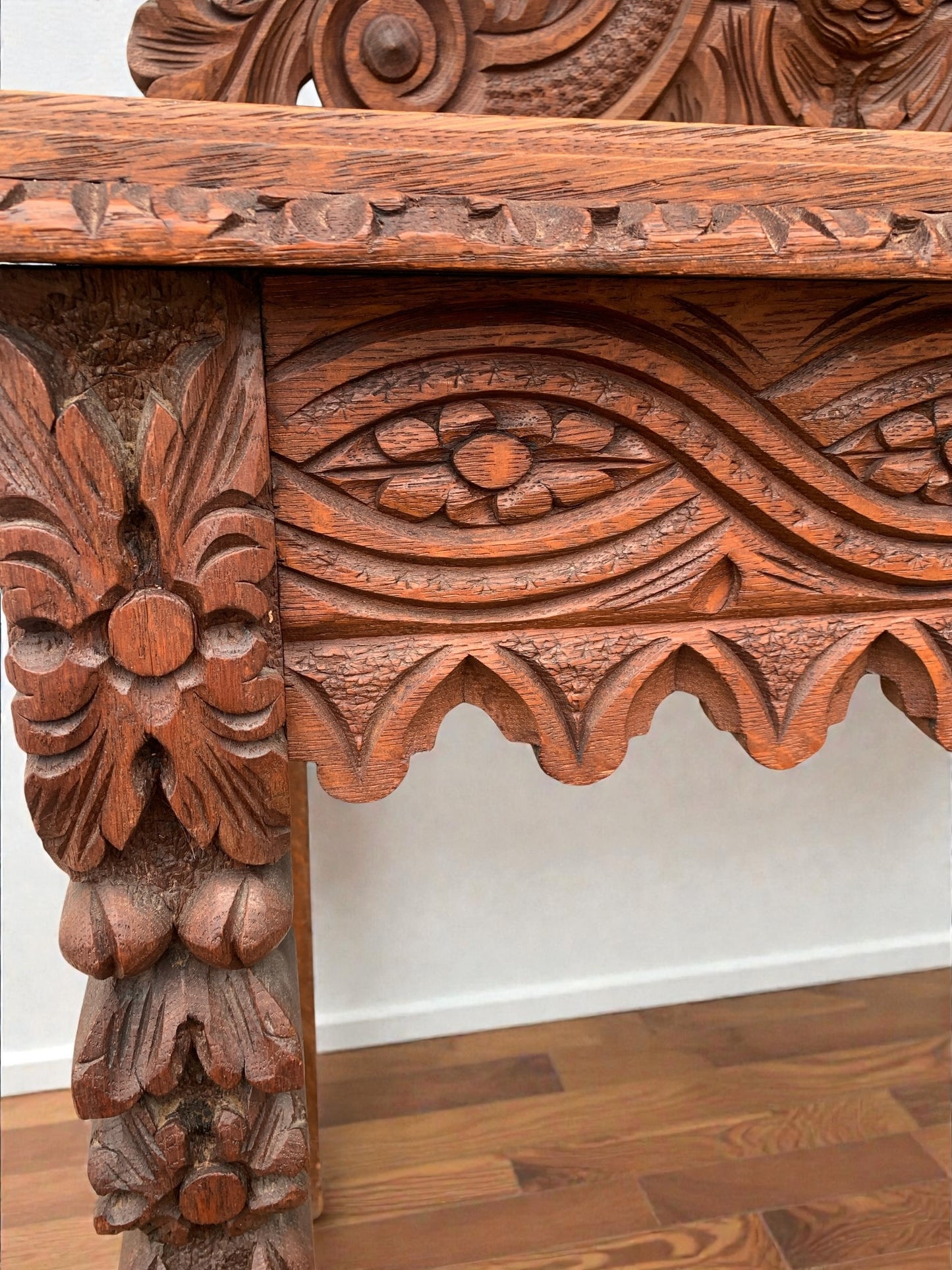 1860's Antique Victorian Carved Oak Console Hall Table with Green Man Motif