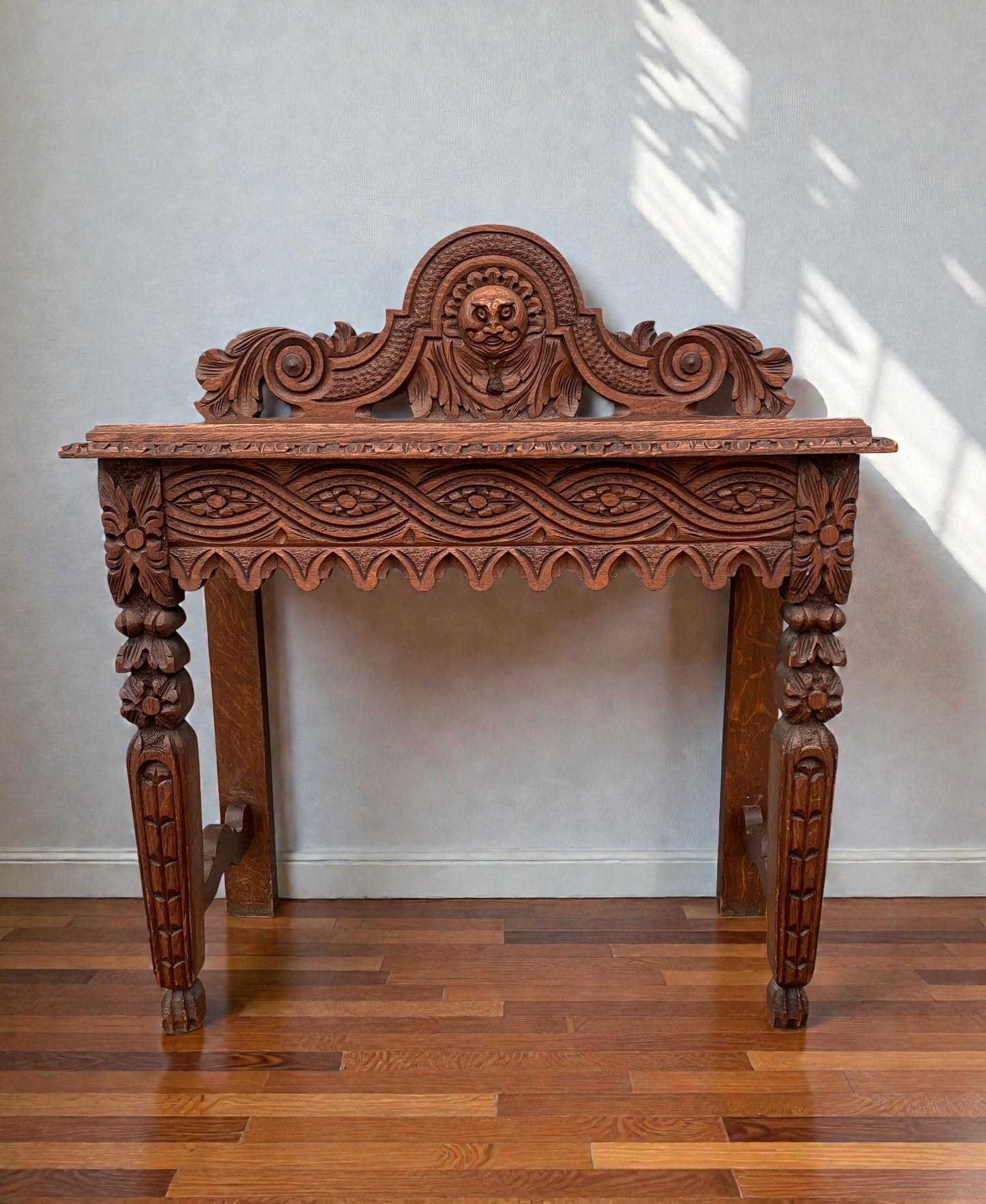 1860's Antique Victorian Carved Oak Console Hall Table with Green Man Motif