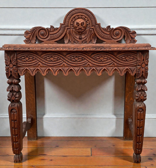 1860's Antique Victorian Carved Oak Console Hall Table with Green Man Motif