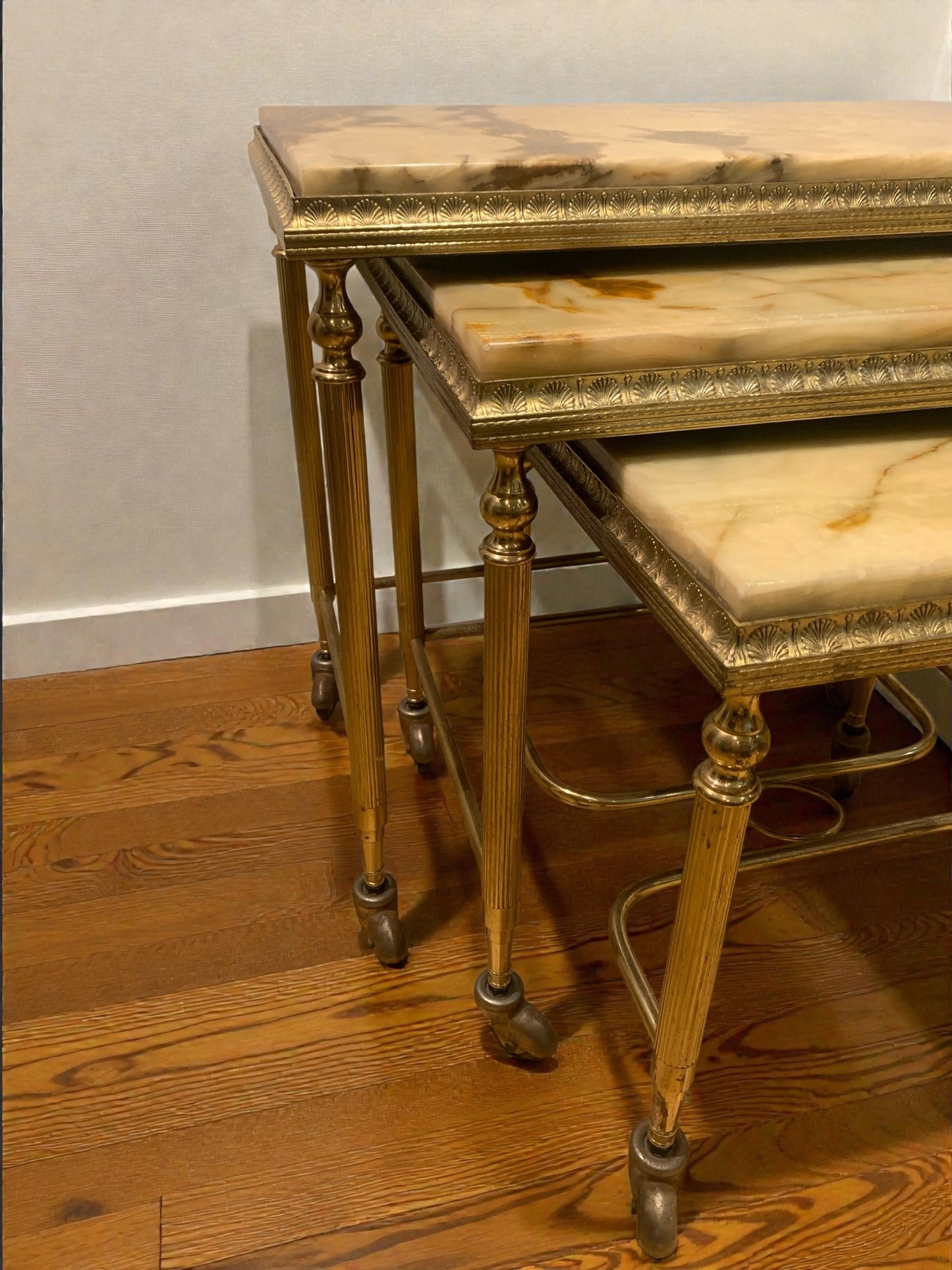 Elegant French Brass and Onyx Nesting Tables, Holllywood Regency Style. 1950's