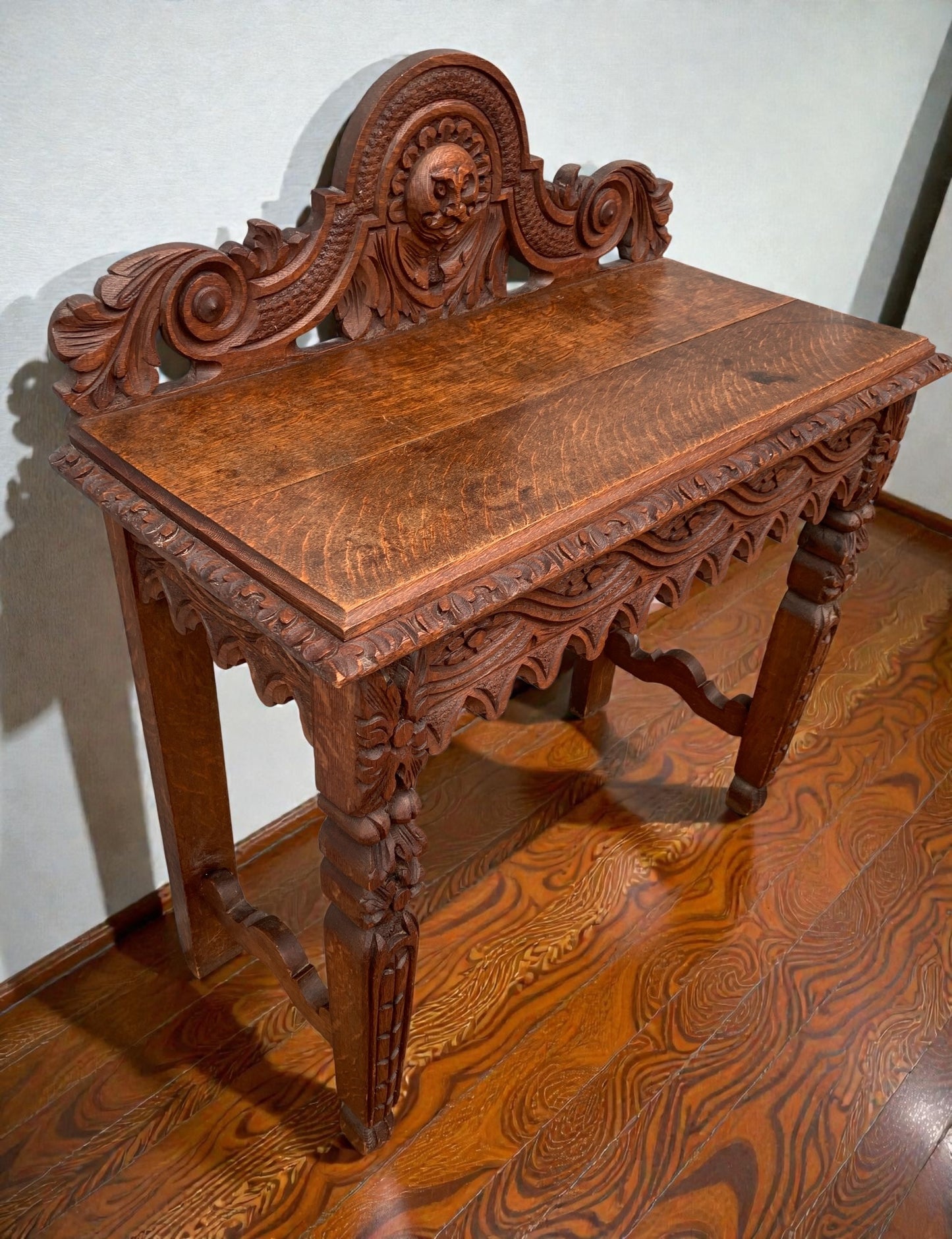 1860's Antique Victorian Carved Oak Console Hall Table with Green Man Motif