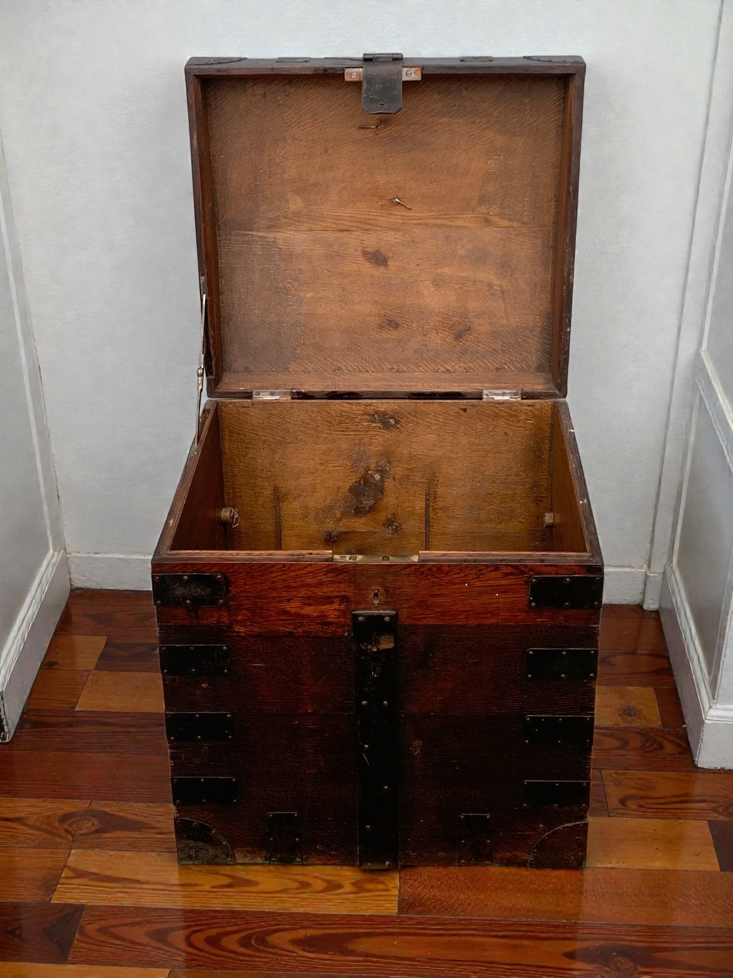 Antique English, Oak and Bound Iron Storage Trunk, Silver Chest, Campaign Chest, c 1800's.