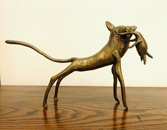 Antique Old Benin African (Fon Dahomey/Ashanti) Brass Leopard with Prey Figurine