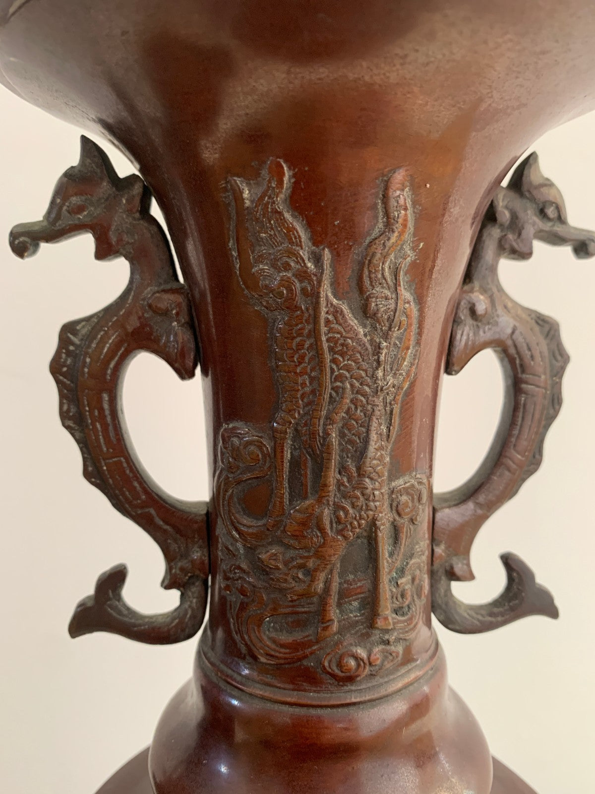 Antique Japanese Bronze Vases Pair Meiji Period 19thC Dragon Handles Bird Relief