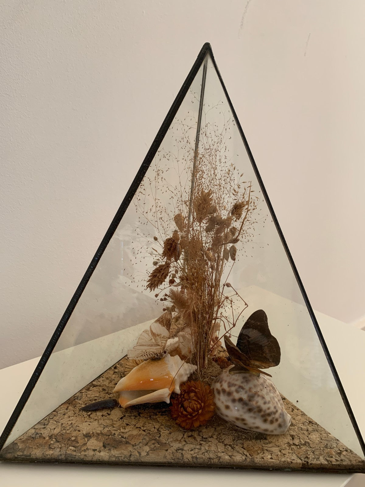 Vintage 1970s Pair of Large Geometric Pyramid Butterfly & Shell Terrariums
