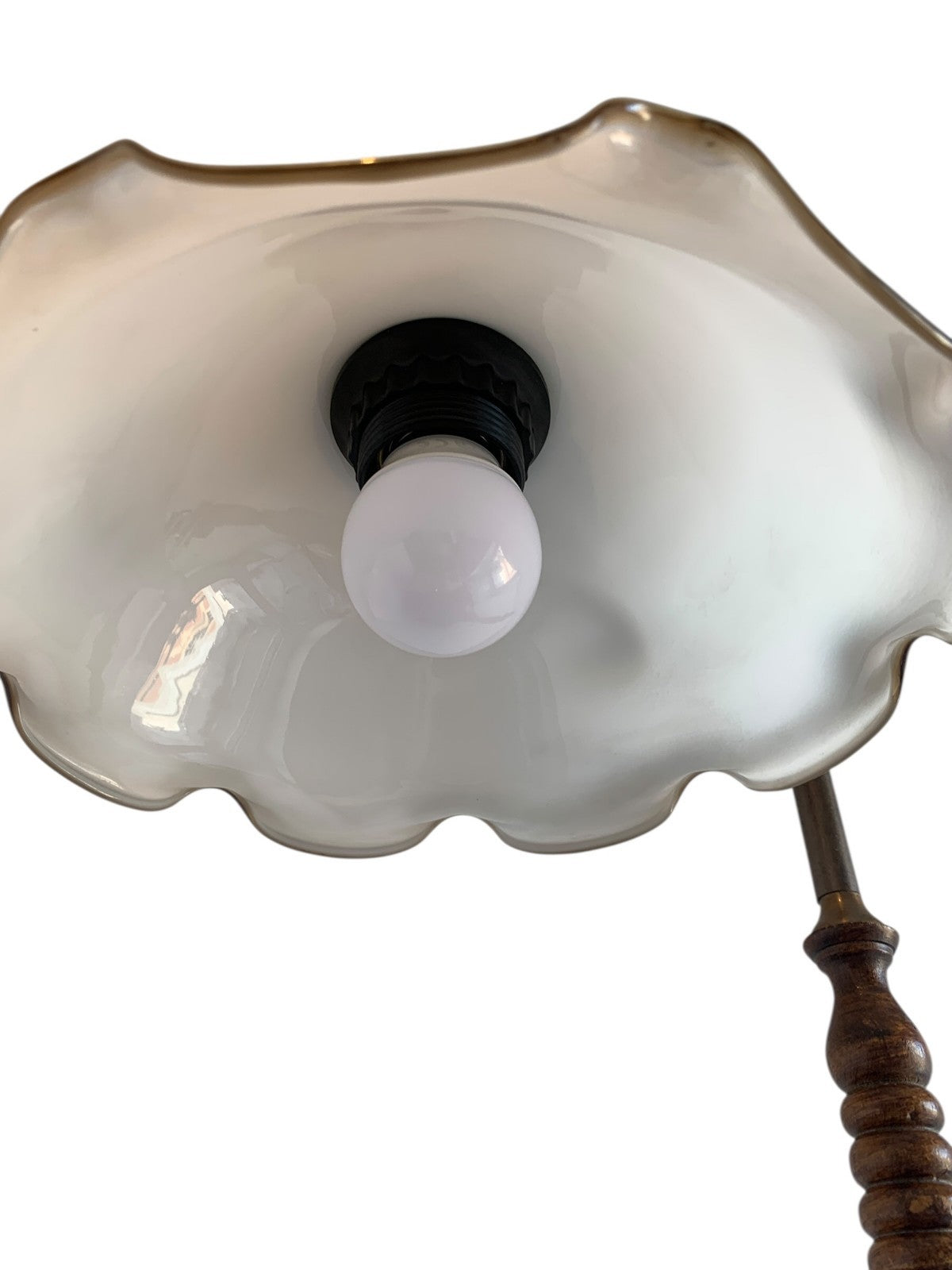 Vintage Art Nouveau Style Brass & Turned Wood Table Lamp with Glass Shade